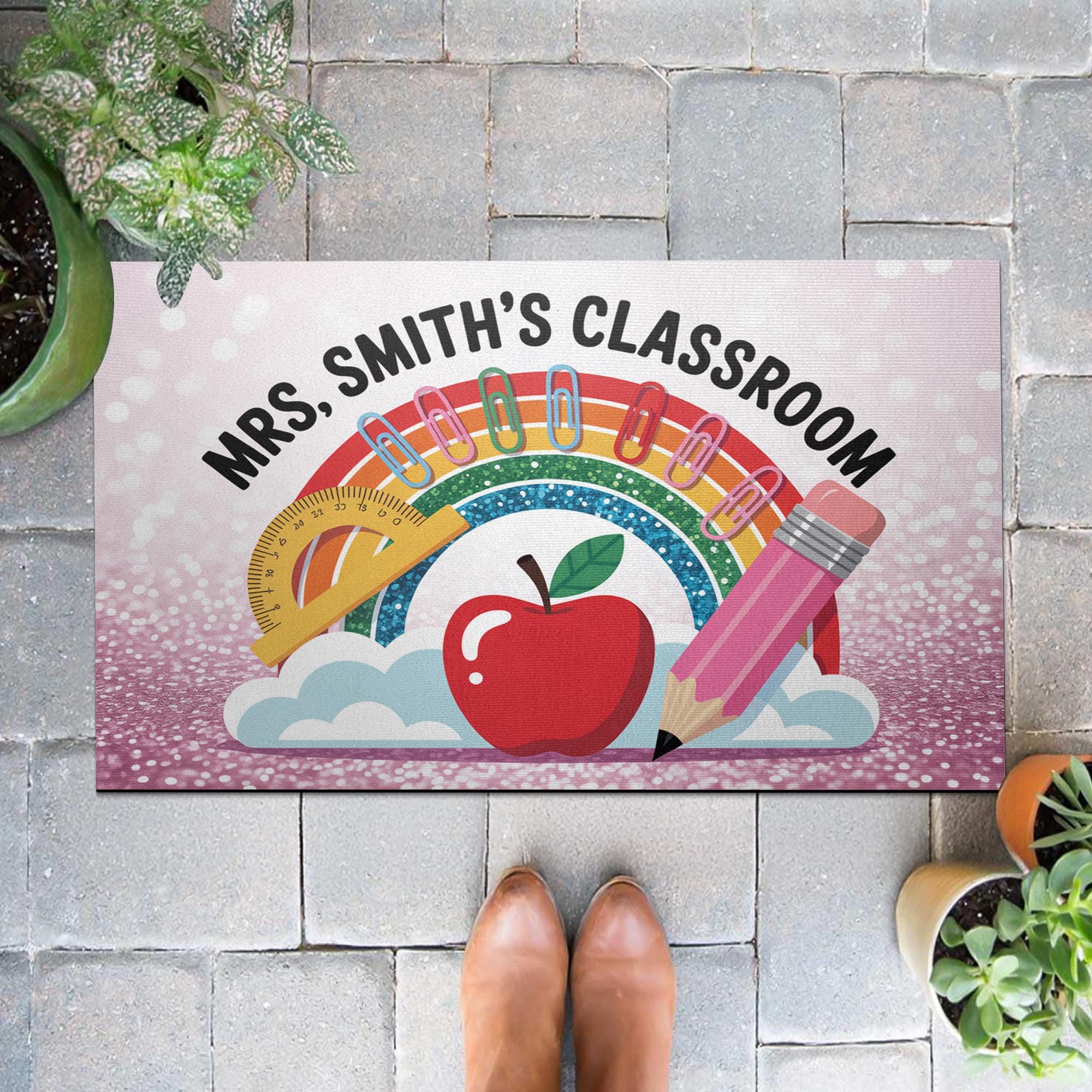 Personalized Classroom Doormat – Rainbow Teacher Welcome Mat with Name, Cute School Decor with Apple and Pencil for Educators, Teachers