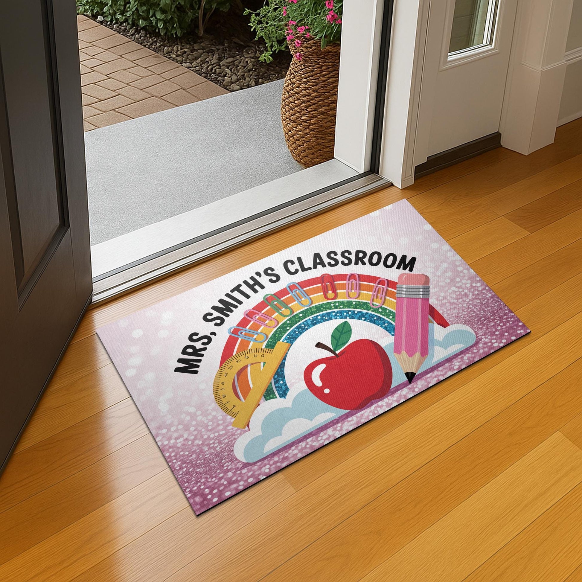 Personalized Classroom Doormat – Rainbow Teacher Welcome Mat with Name, Cute School Decor with Apple and Pencil for Educators, Teachers