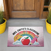 Personalized Classroom Doormat – Rainbow Teacher Welcome Mat with Name, Cute School Decor with Apple and Pencil for Educators, Teachers