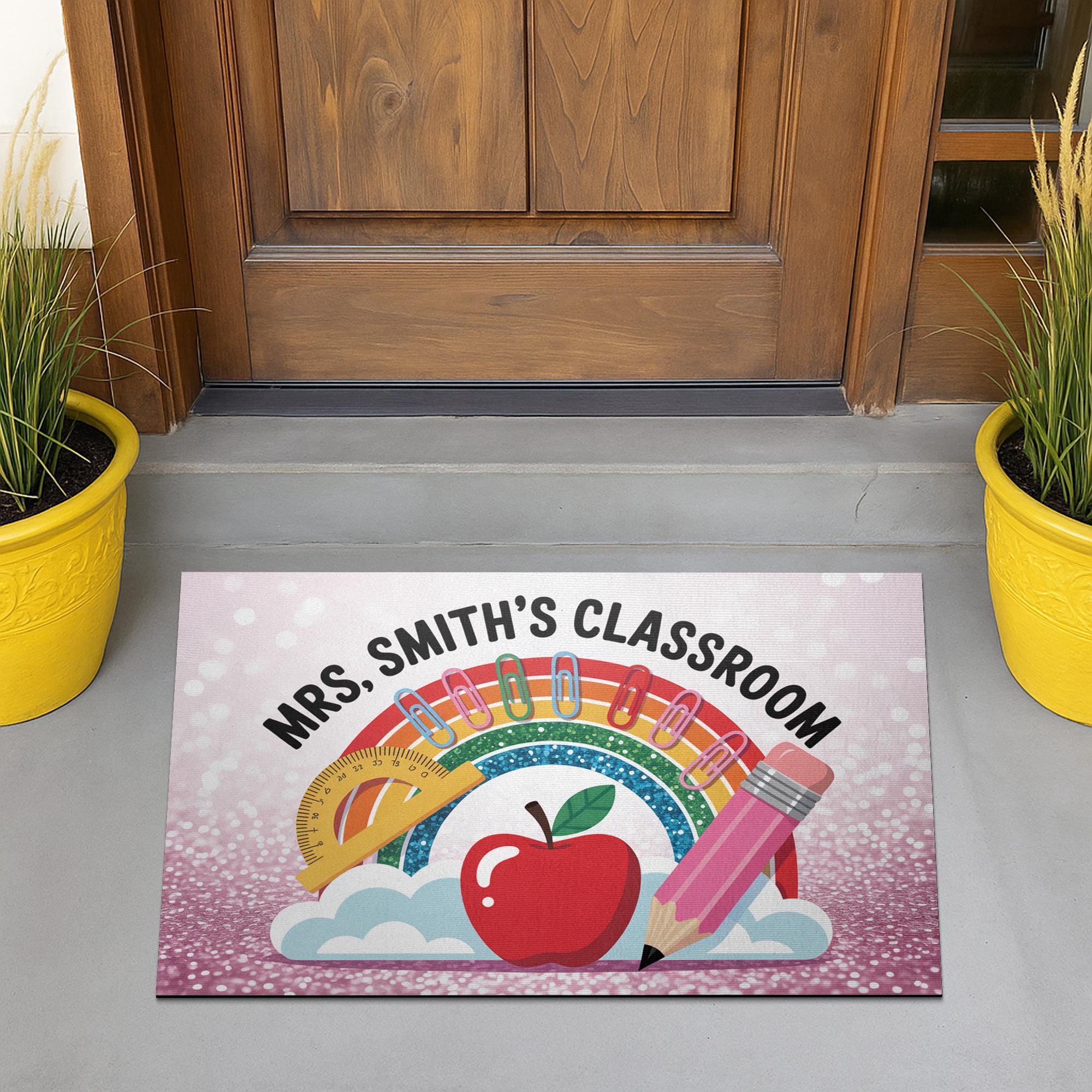 Personalized Classroom Doormat – Rainbow Teacher Welcome Mat with Name, Cute School Decor with Apple and Pencil for Educators, Teachers