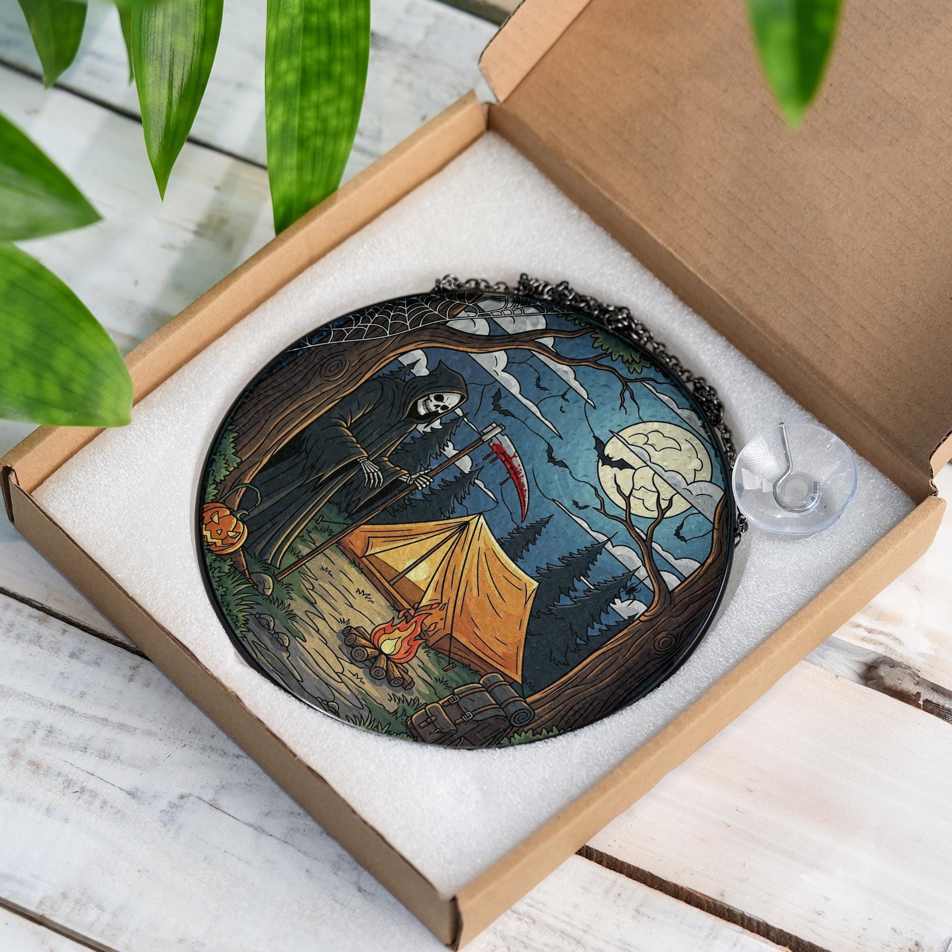 Grim Reaper Camping Stained Glass Suncatcher | Halloween Campfire Scene Ornament | Spooky Forest Window Hanging Decor