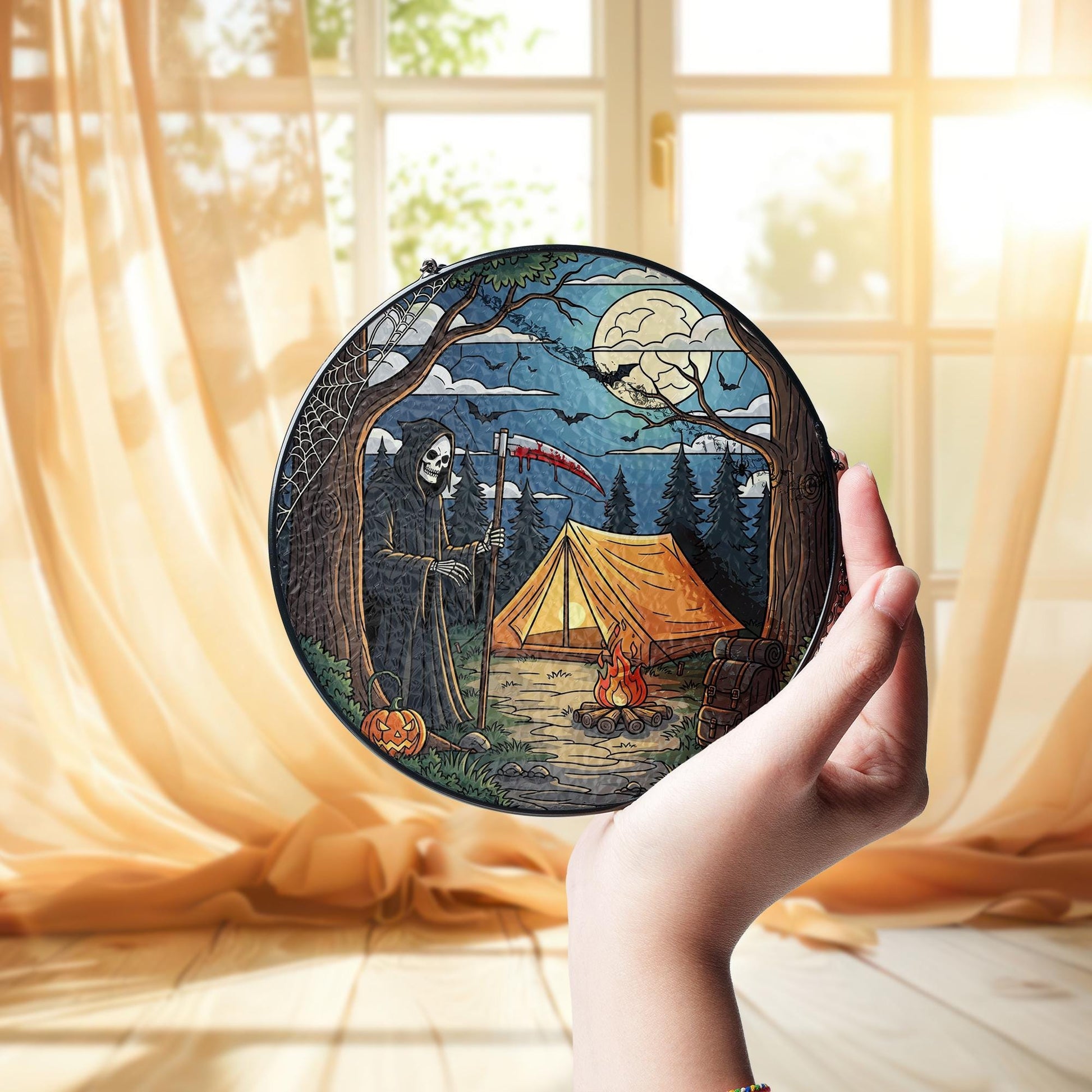 Grim Reaper Camping Stained Glass Suncatcher | Halloween Campfire Scene Ornament | Spooky Forest Window Hanging Decor