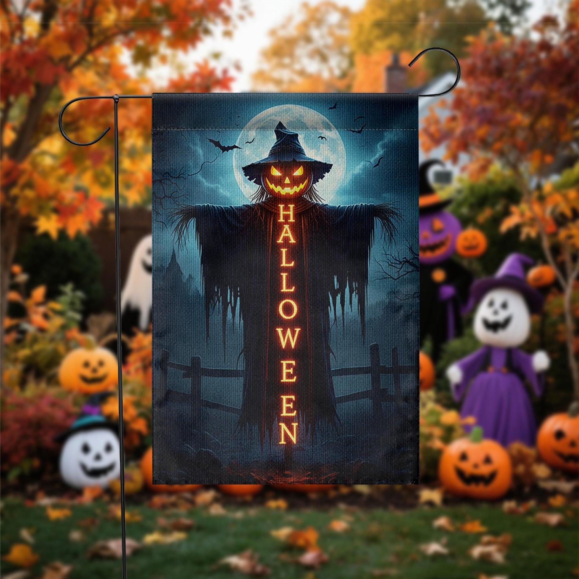 Spooky Halloween Garden Flag, Scarecrow Jack O'Lantern Yard Decor, Creepy Outdoor Banner, Gothic Holiday Decoration for Porch & Lawn