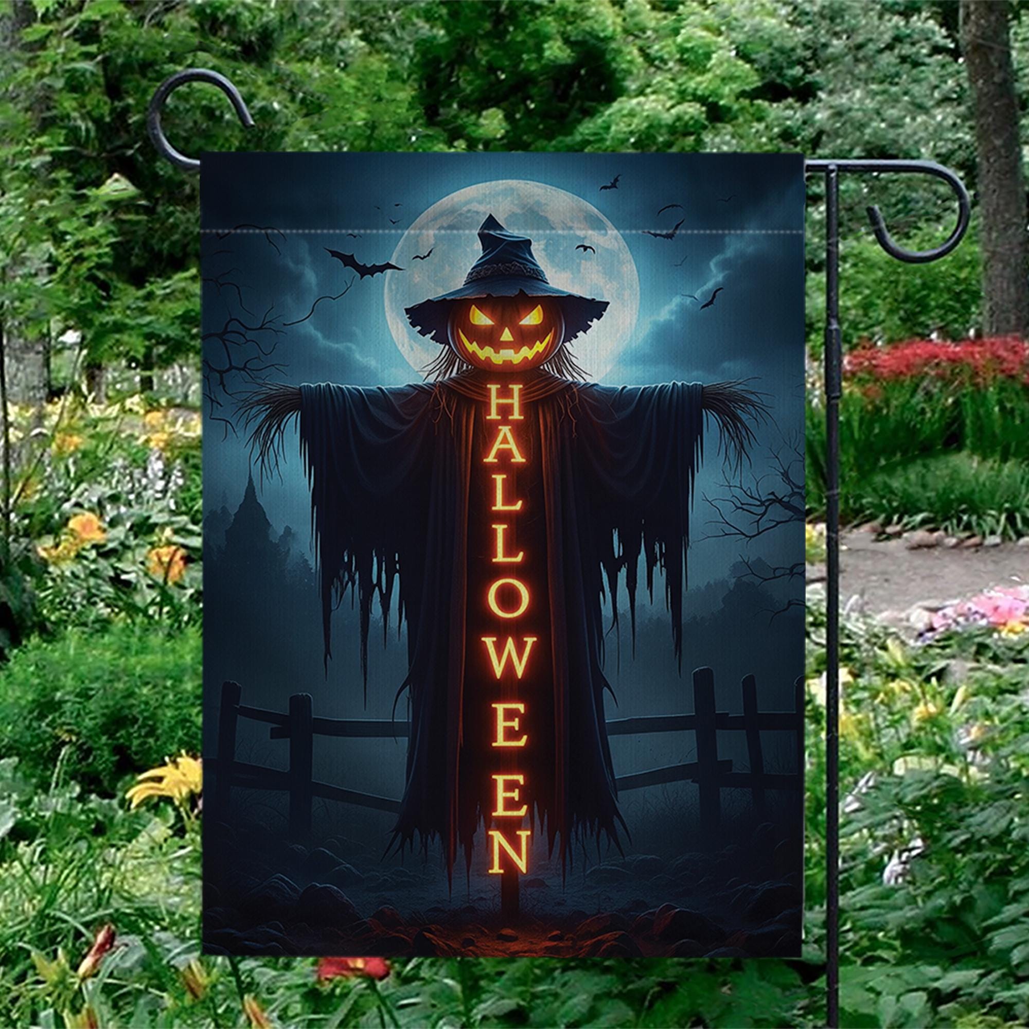 Spooky Halloween Garden Flag, Scarecrow Jack O'Lantern Yard Decor, Creepy Outdoor Banner, Gothic Holiday Decoration for Porch & Lawn