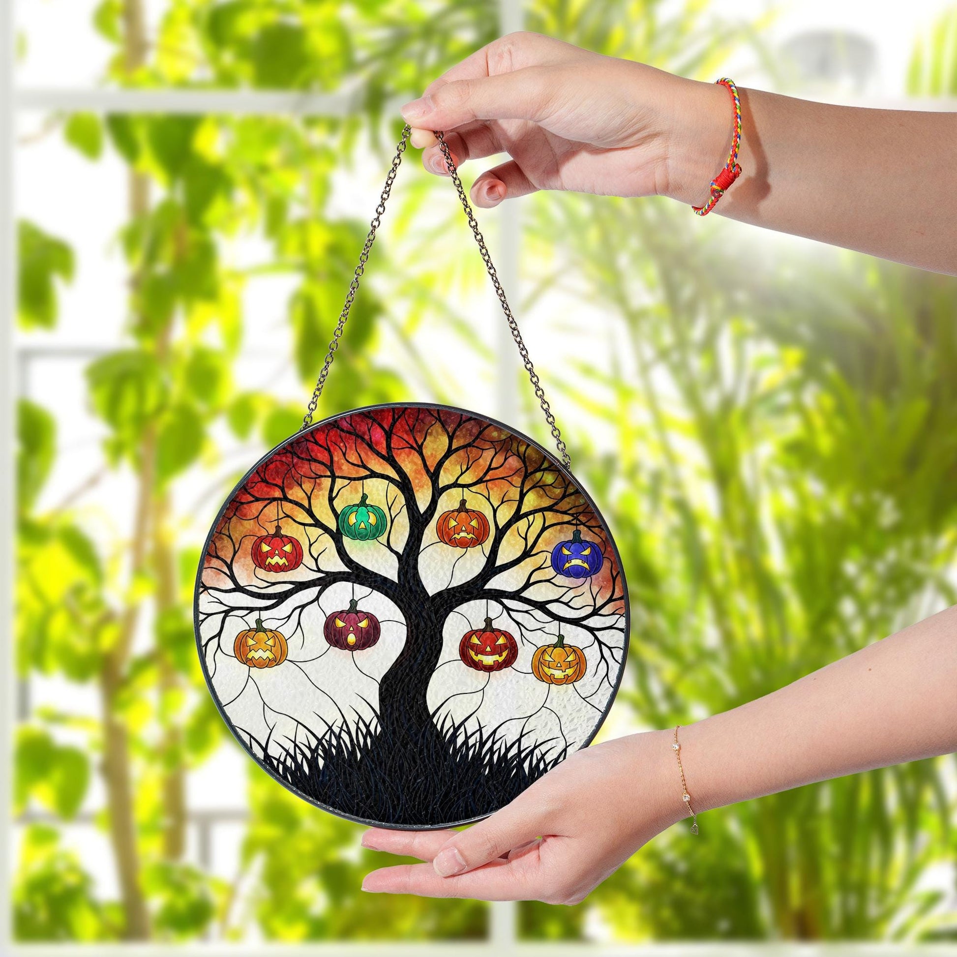 Stained Glass Halloween Tree Suncatcher, Spooky Jack O'Lantern Window Hanging, Round Pumpkin Wall Art, Gothic Fall Home Decor Gift