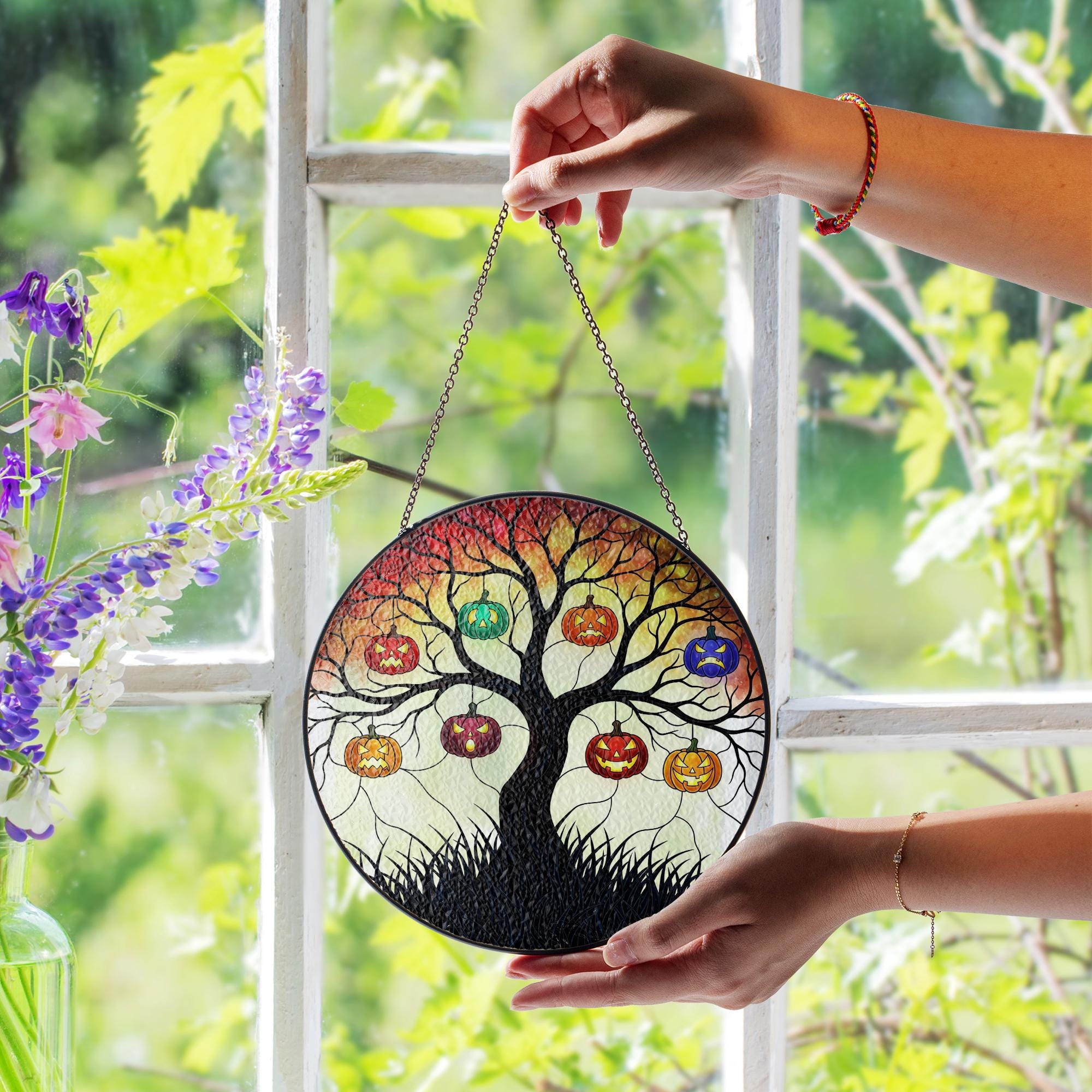 Stained Glass Halloween Tree Suncatcher, Spooky Jack O'Lantern Window Hanging, Round Pumpkin Wall Art, Gothic Fall Home Decor Gift