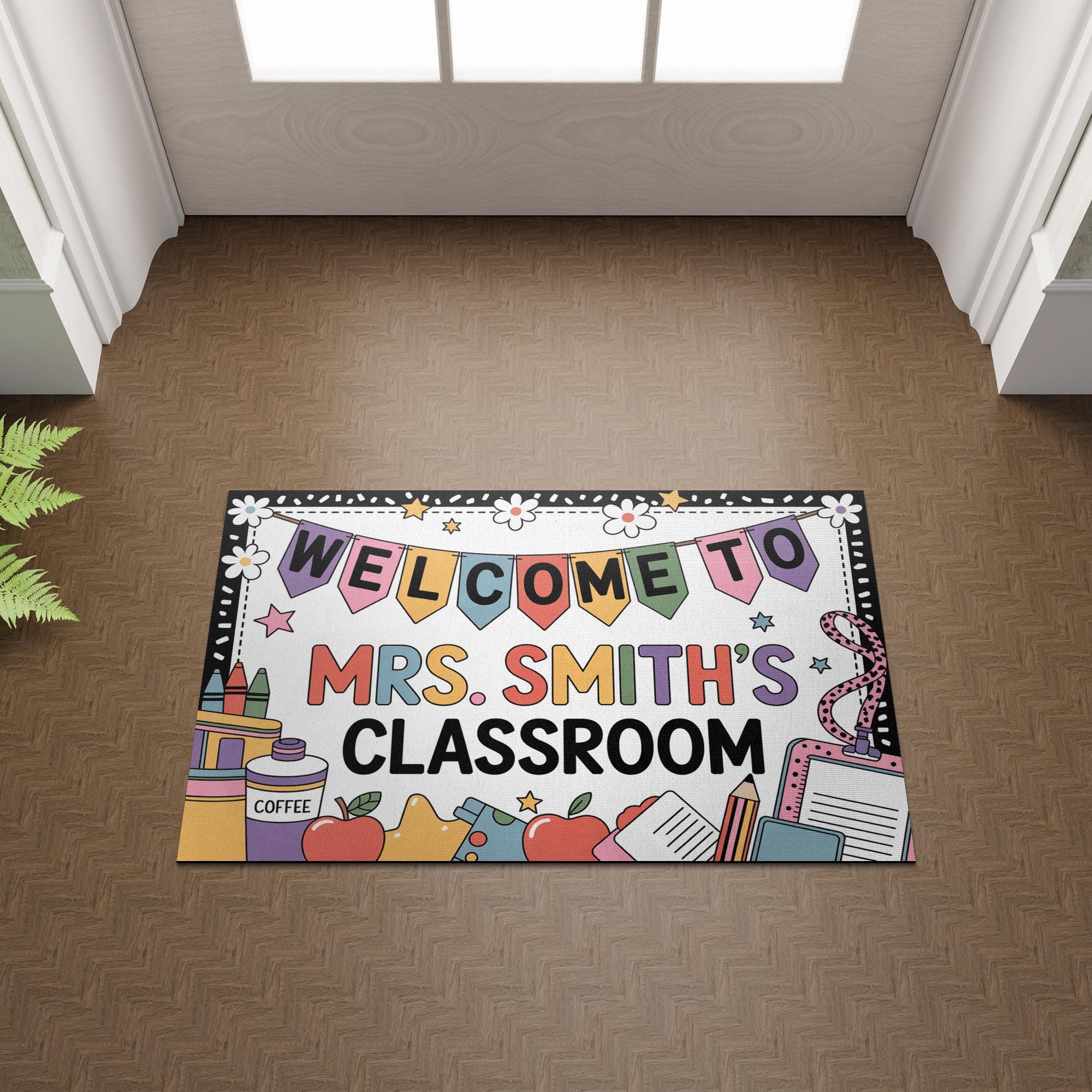 Personalized Teacher Doormat, Fun Classroom Welcome Mat with Banners, Crayons, Name, Custom School Decor for Educators, Back To School Decor