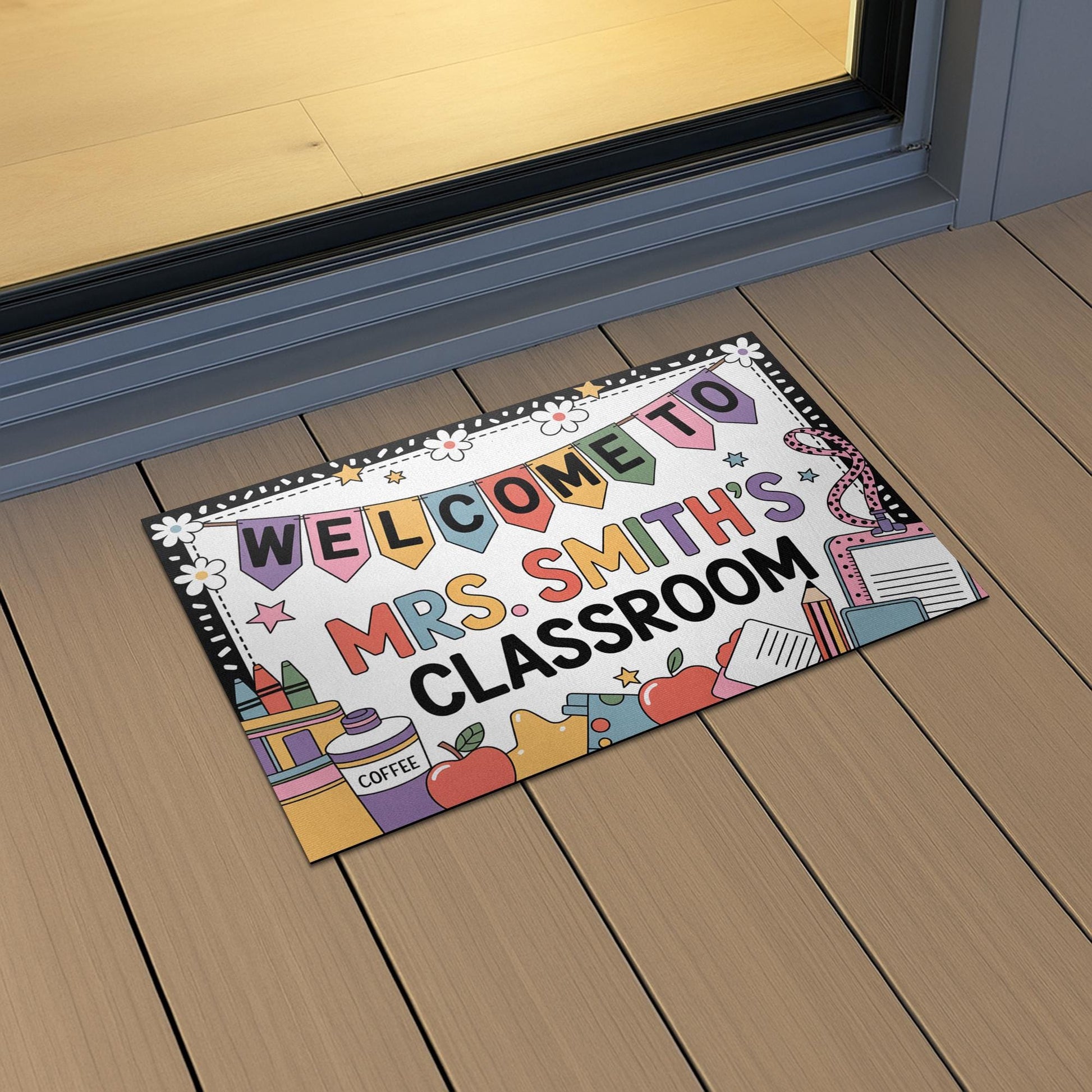 Personalized Teacher Doormat, Fun Classroom Welcome Mat with Banners, Crayons, Name, Custom School Decor for Educators, Back To School Decor