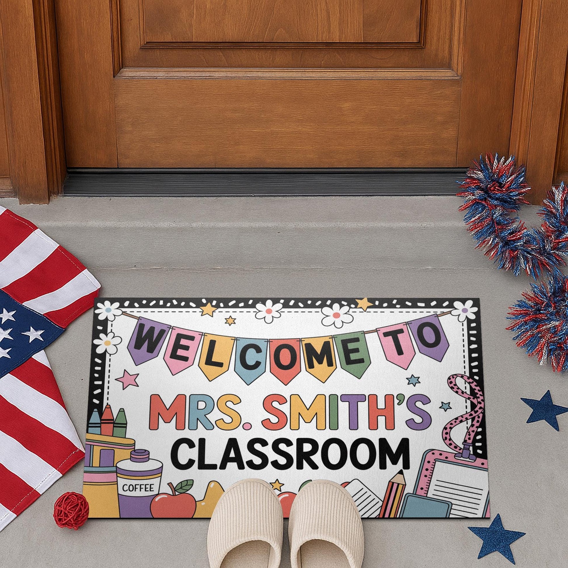 Personalized Teacher Doormat, Fun Classroom Welcome Mat with Banners, Crayons, Name, Custom School Decor for Educators, Back To School Decor