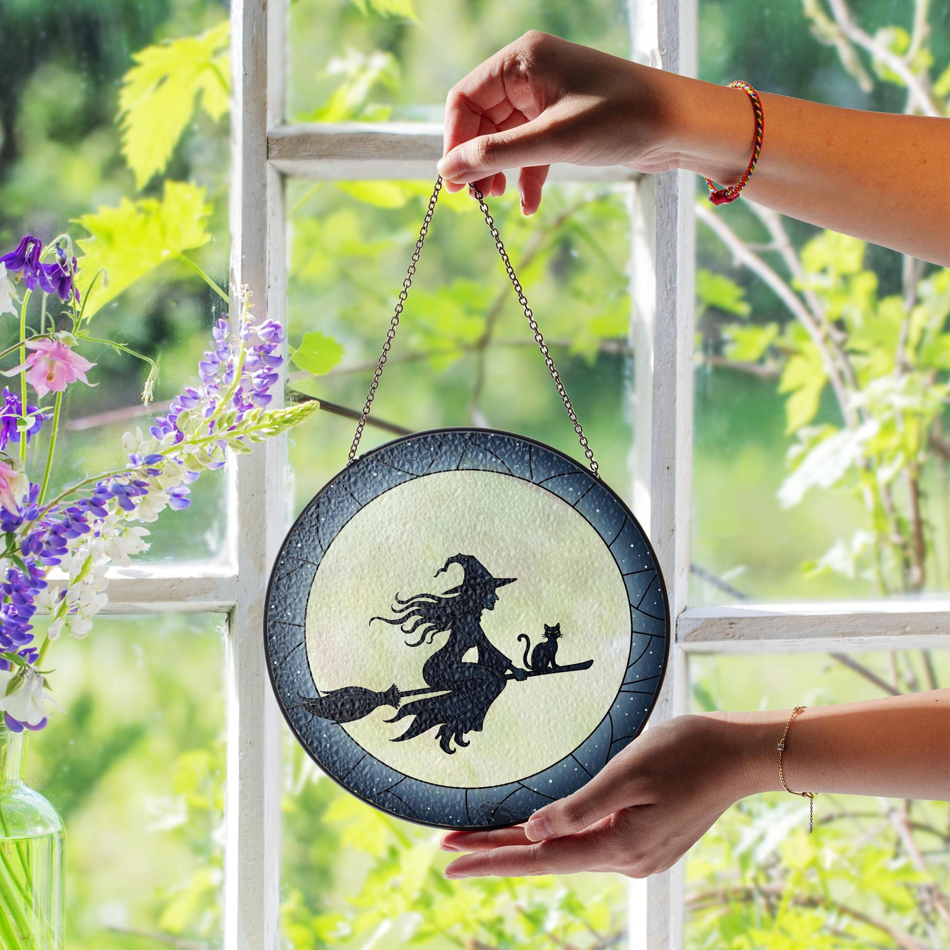 Witch and Cat Stained Glass Suncatcher, Halloween Window Hanging, Flying Witch on Broom Silhouette, Gothic Round Wall Art Decor