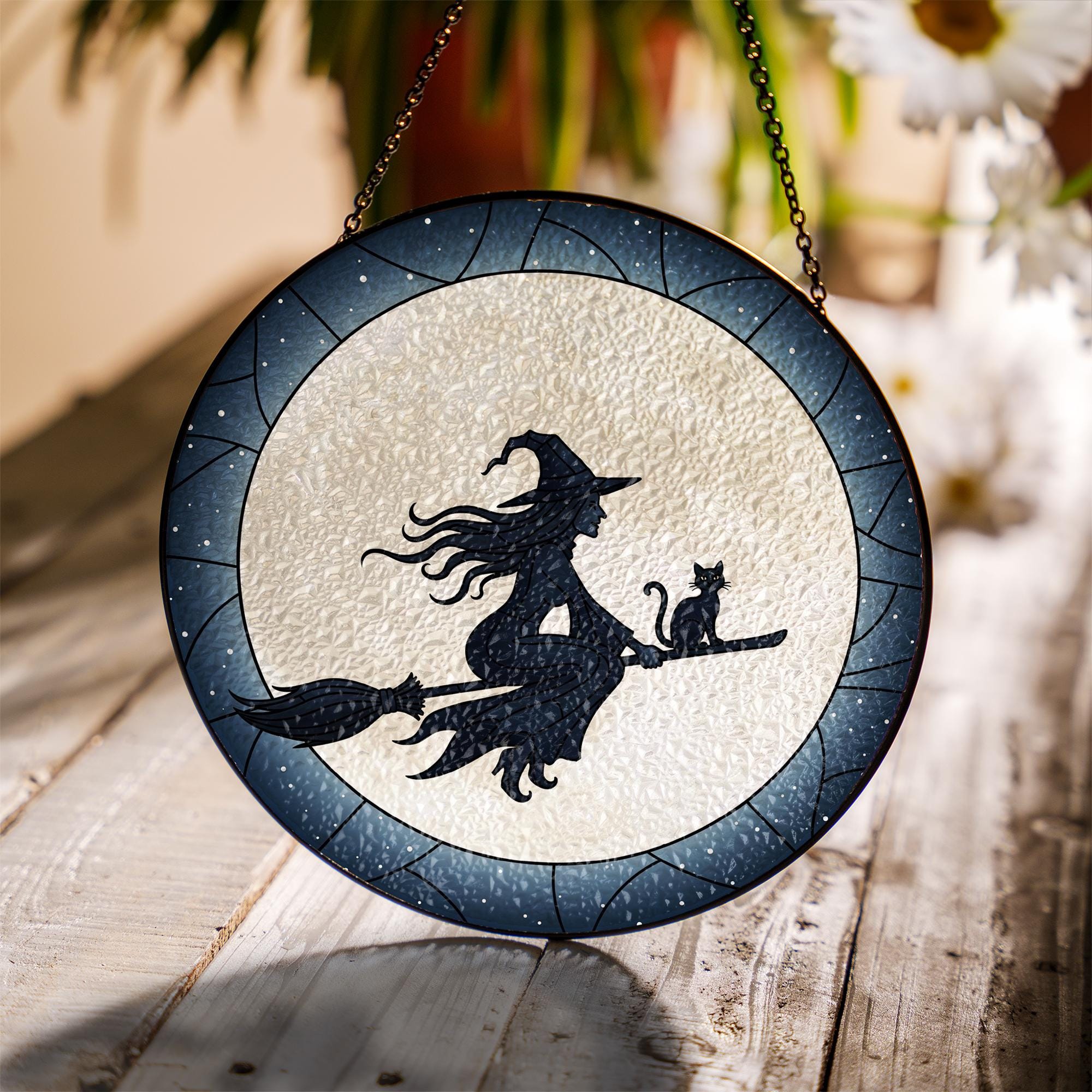 Witch and Cat Stained Glass Suncatcher, Halloween Window Hanging, Flying Witch on Broom Silhouette, Gothic Round Wall Art Decor