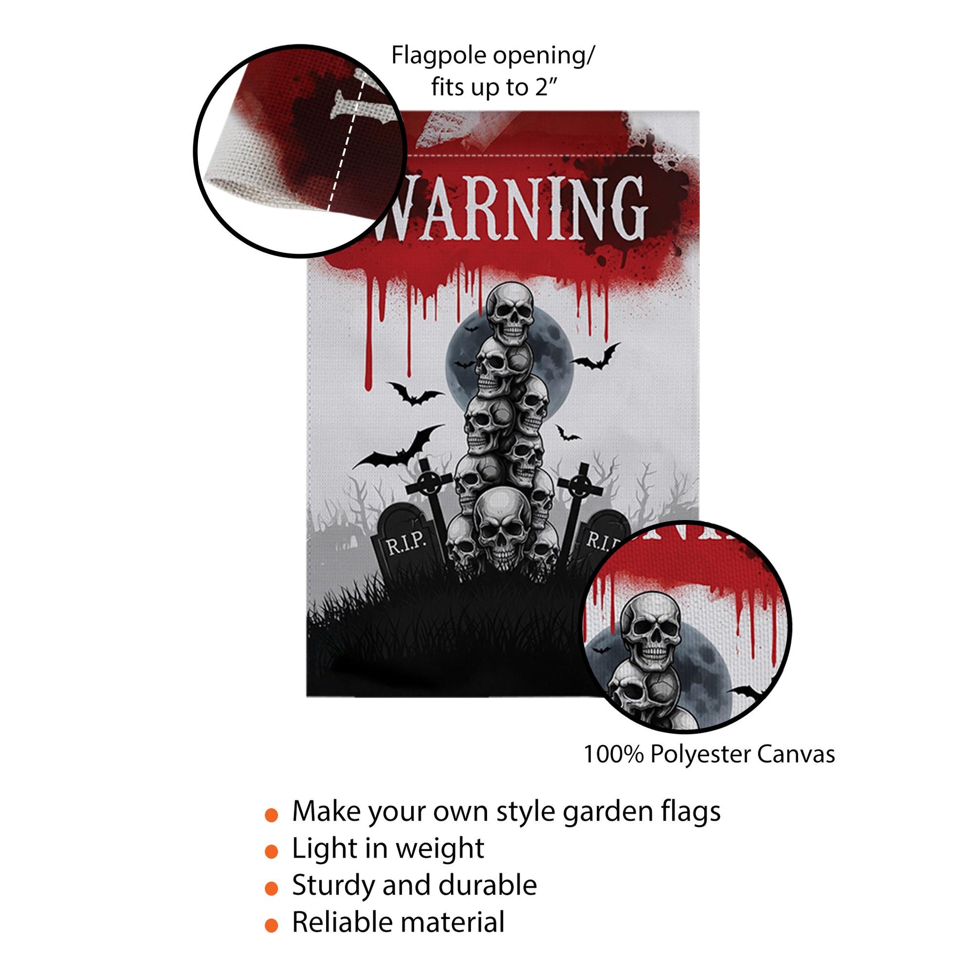 Warning Skull Garden Flag – Creepy Halloween Outdoor Decor with Graveyard, Bats & Blood for Yard, Lawn or Haunted House Display