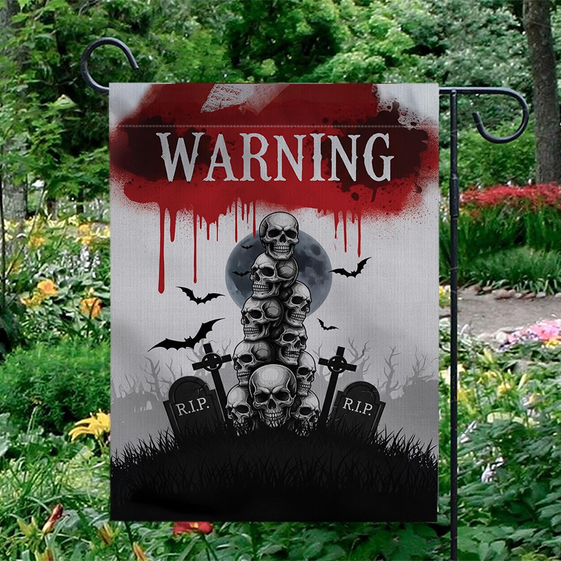 Warning Skull Garden Flag – Creepy Halloween Outdoor Decor with Graveyard, Bats & Blood for Yard, Lawn or Haunted House Display
