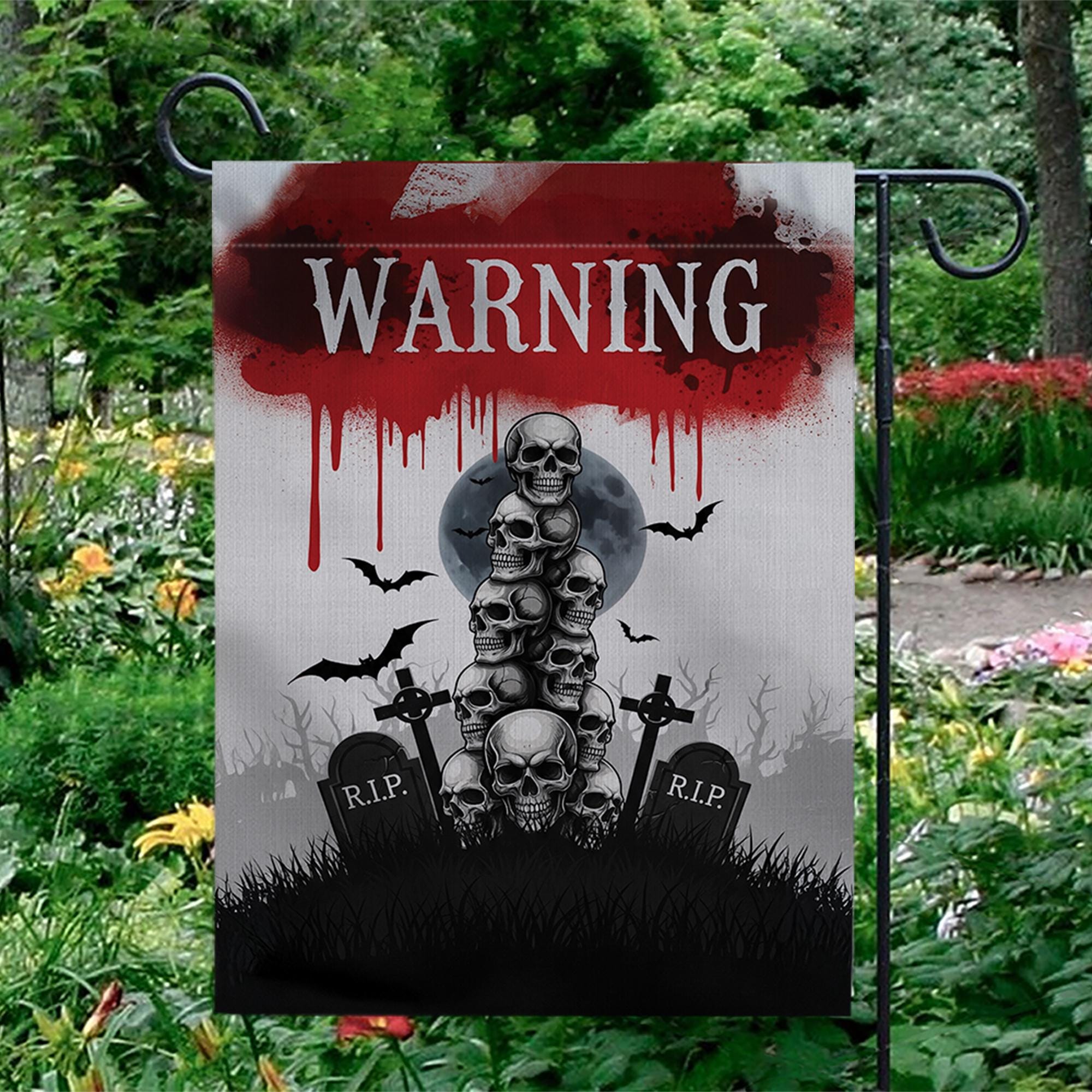 Warning Skull Garden Flag – Creepy Halloween Outdoor Decor with Graveyard, Bats & Blood for Yard, Lawn or Haunted House Display