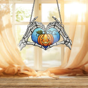 Skeleton Hands Heart Ornament , Jack O' Lantern Window Hanging, Creepy Cute Pumpkin Decor, Gothic Romance Halloween Wall Art