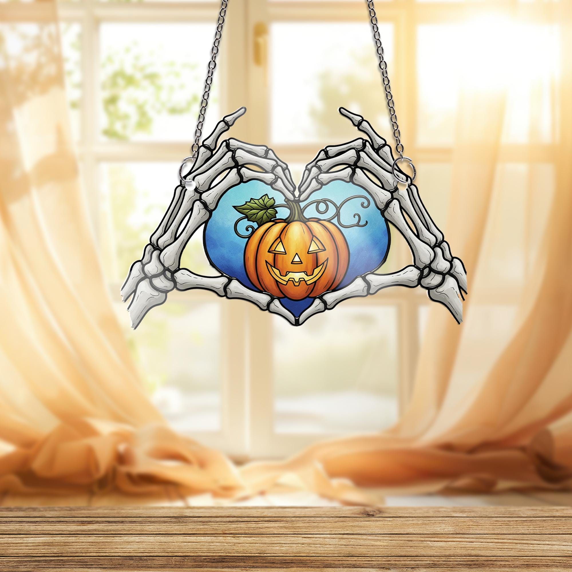 Skeleton Hands Heart Ornament , Jack O' Lantern Window Hanging, Creepy Cute Pumpkin Decor, Gothic Romance Halloween Wall Art