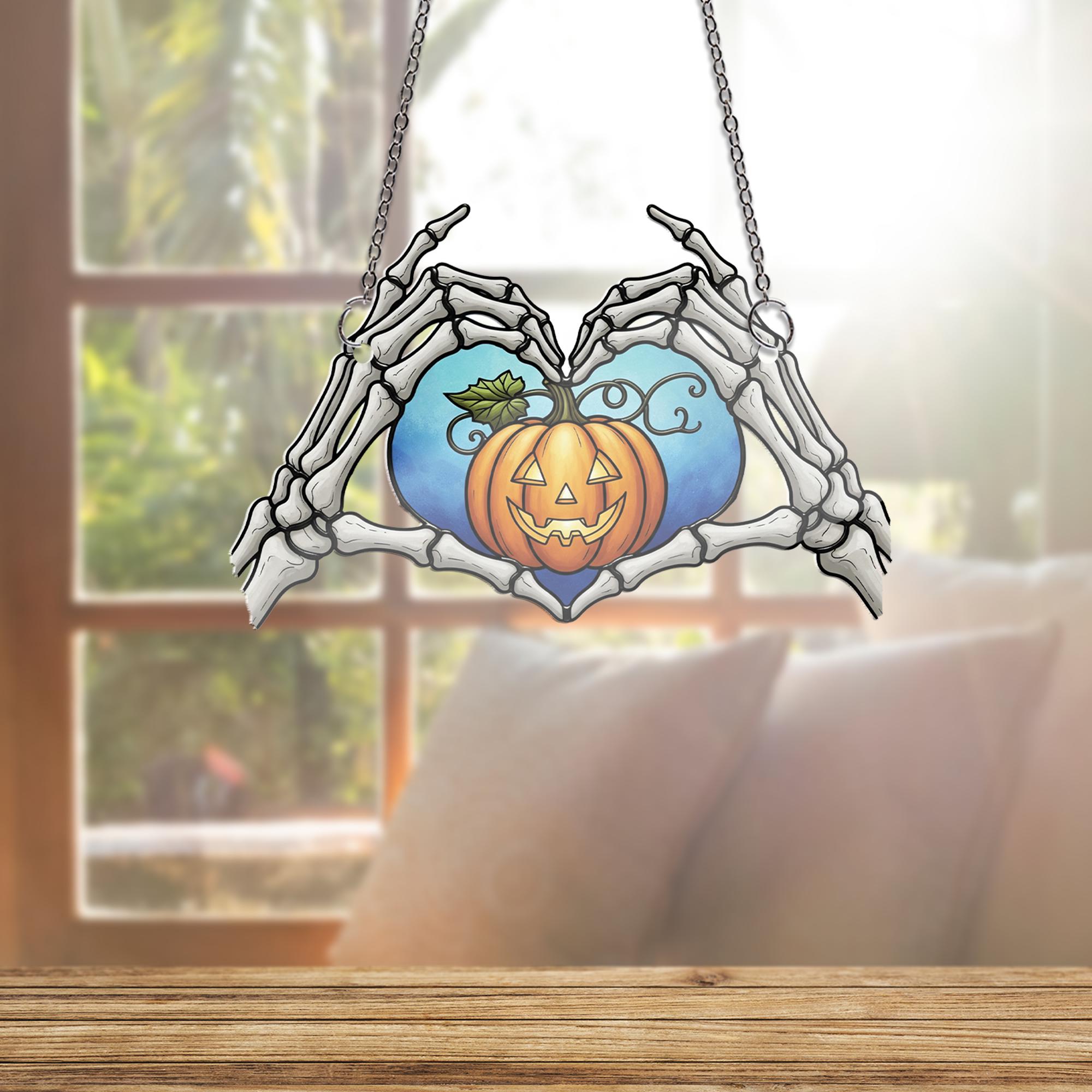 Skeleton Hands Heart Ornament , Jack O' Lantern Window Hanging, Creepy Cute Pumpkin Decor, Gothic Romance Halloween Wall Art