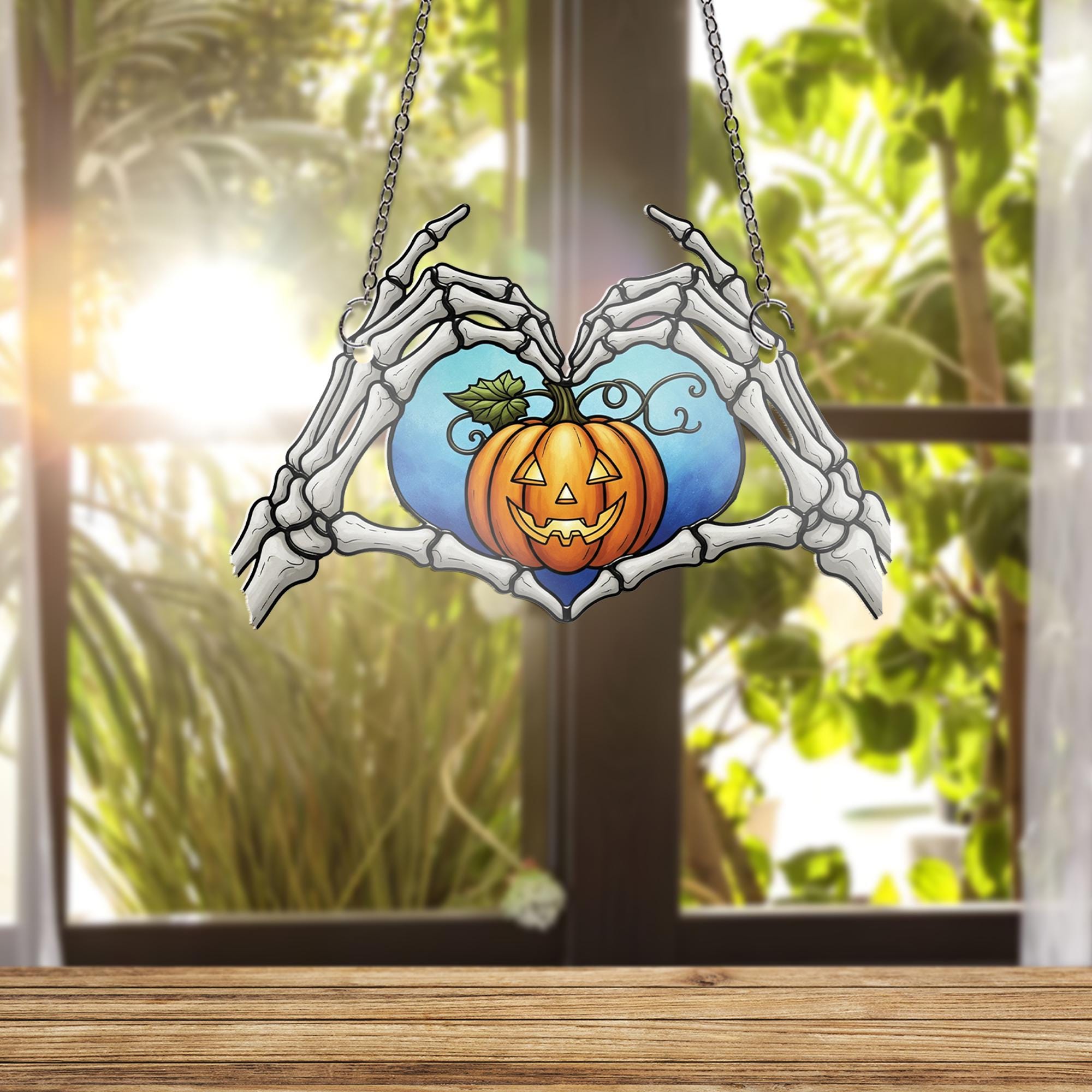 Skeleton Hands Heart Ornament , Jack O' Lantern Window Hanging, Creepy Cute Pumpkin Decor, Gothic Romance Halloween Wall Art