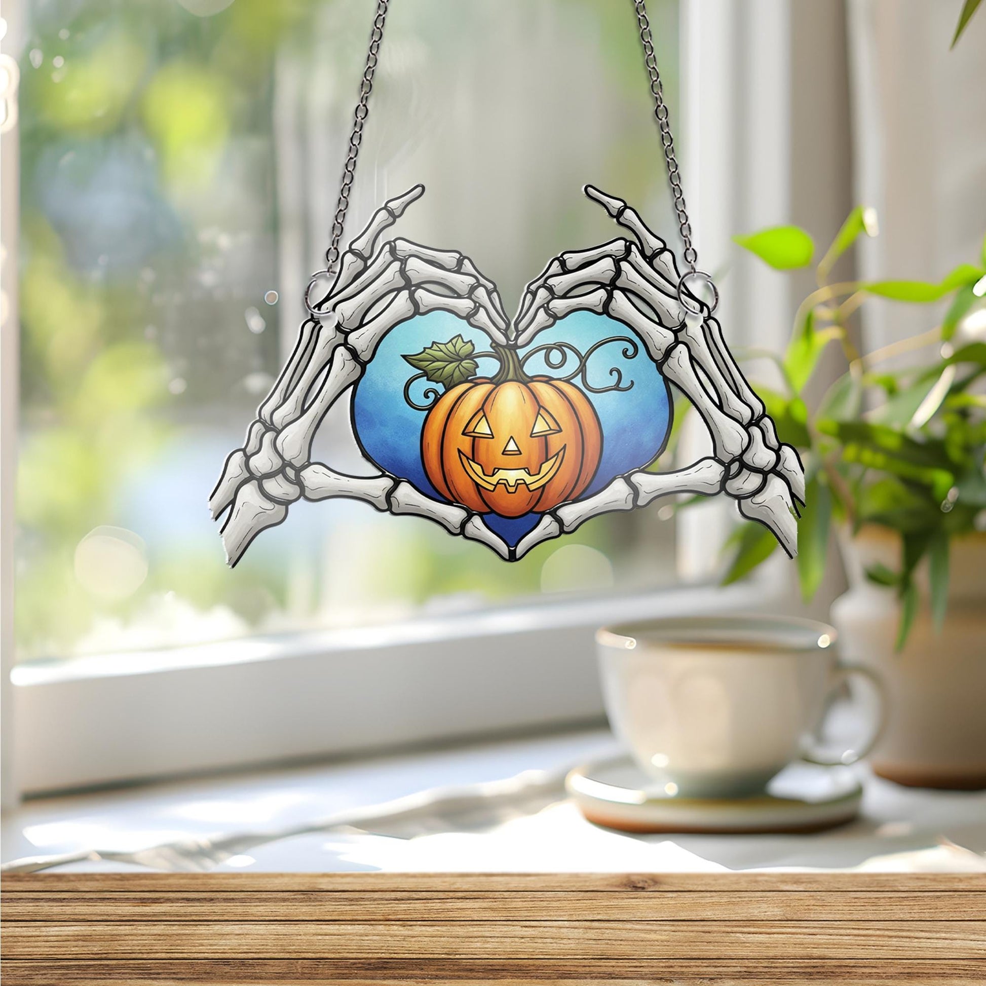 Skeleton Hands Heart Ornament , Jack O' Lantern Window Hanging, Creepy Cute Pumpkin Decor, Gothic Romance Halloween Wall Art