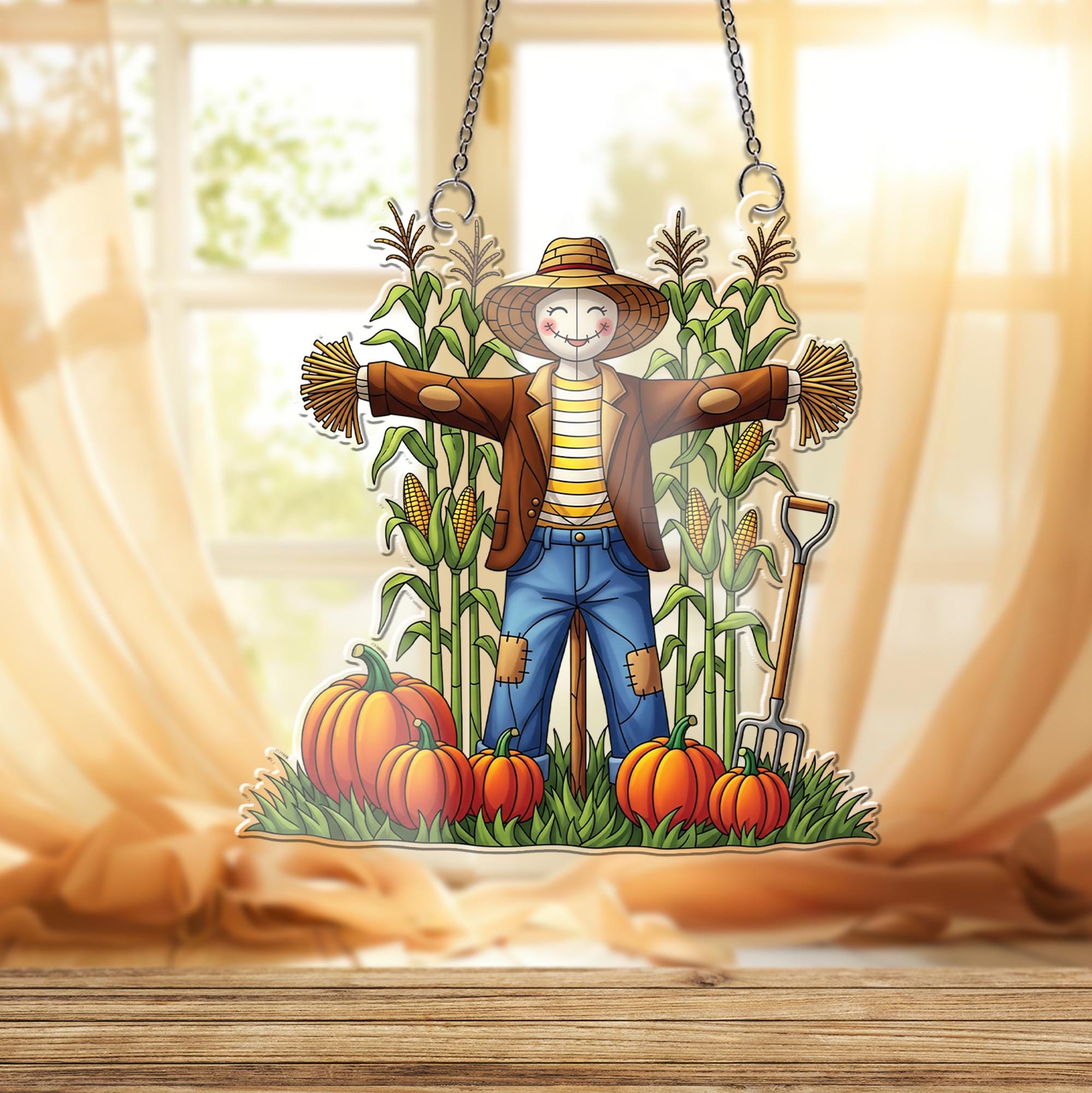 Fall Scarecrow ornament , Autumn Harvest Window Hanging, Cute Pumpkin Patch Decoration, Farmhouse Thanksgiving Wall Art