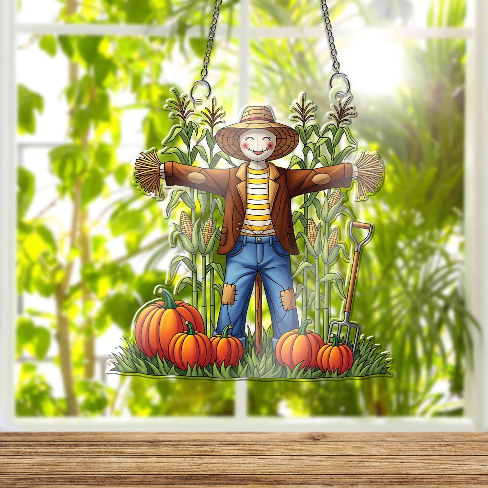 Fall Scarecrow ornament , Autumn Harvest Window Hanging, Cute Pumpkin Patch Decoration, Farmhouse Thanksgiving Wall Art