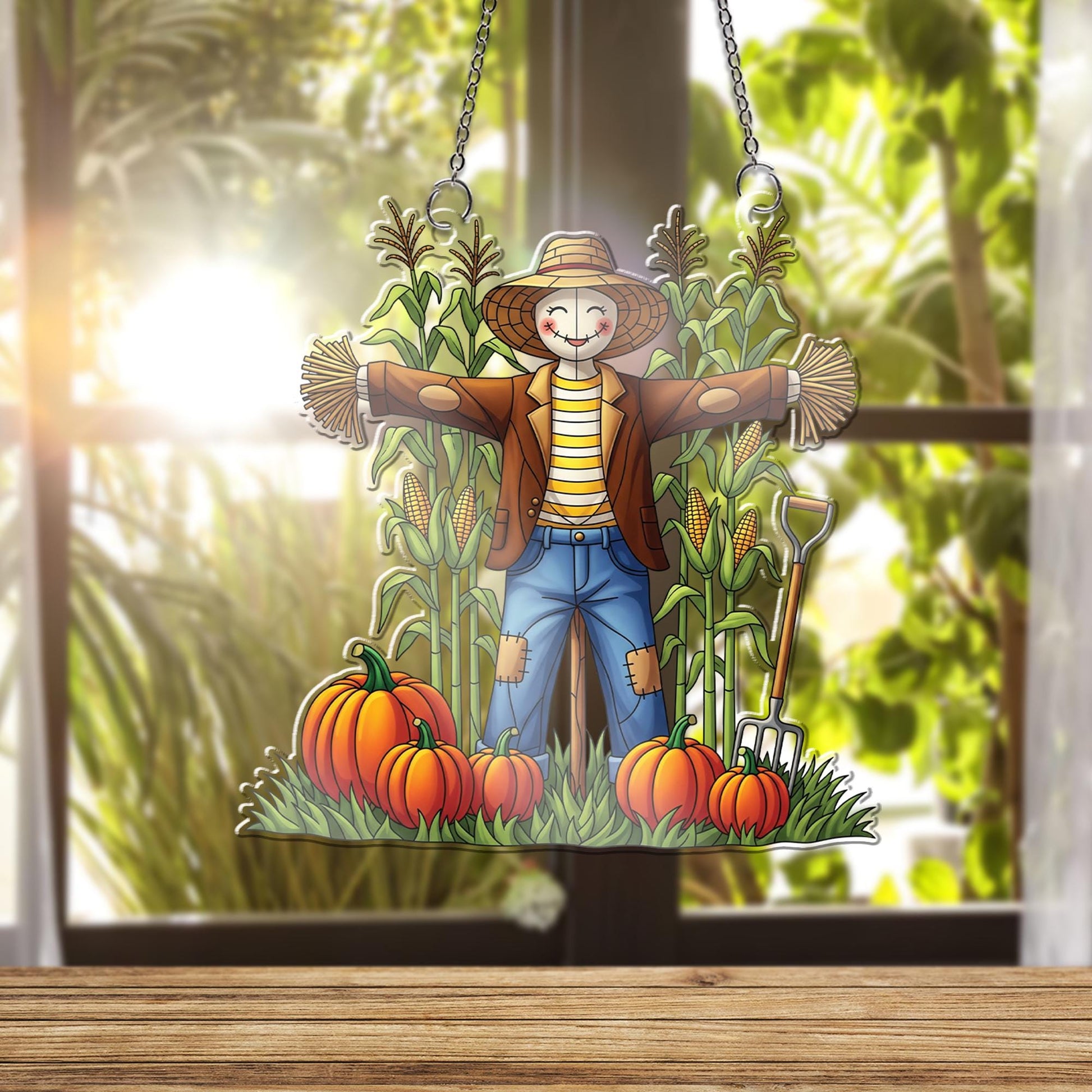 Fall Scarecrow ornament , Autumn Harvest Window Hanging, Cute Pumpkin Patch Decoration, Farmhouse Thanksgiving Wall Art