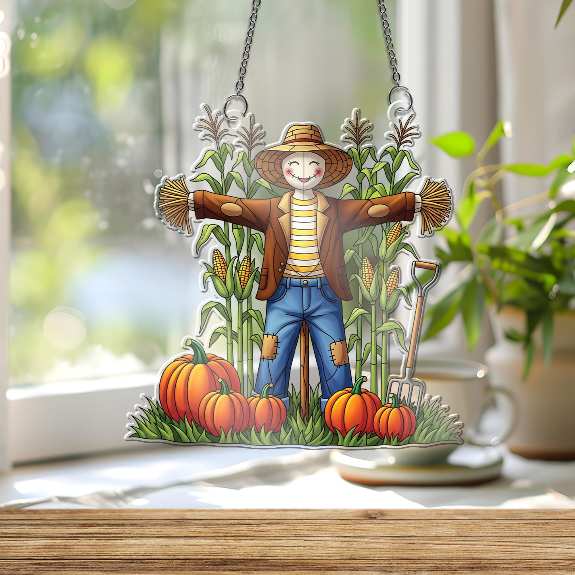 Fall Scarecrow ornament , Autumn Harvest Window Hanging, Cute Pumpkin Patch Decoration, Farmhouse Thanksgiving Wall Art