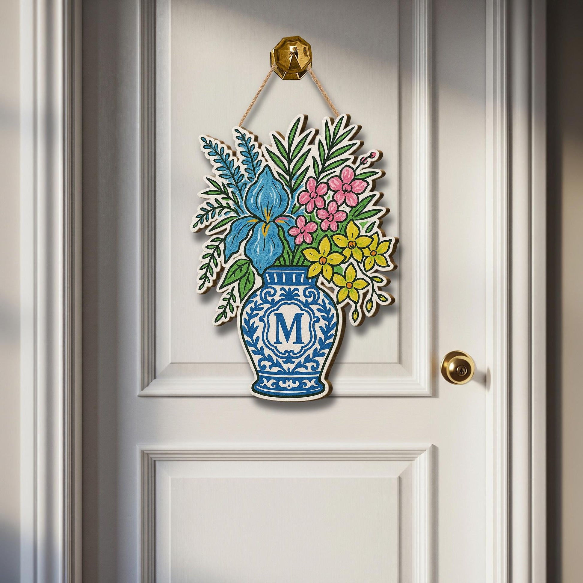 Personalized Floral Door Hanger | Monogram Blue Chinoiserie Vase Door Decor | Custom Spring Front Door Sign | Chinoiserie Style Welcome