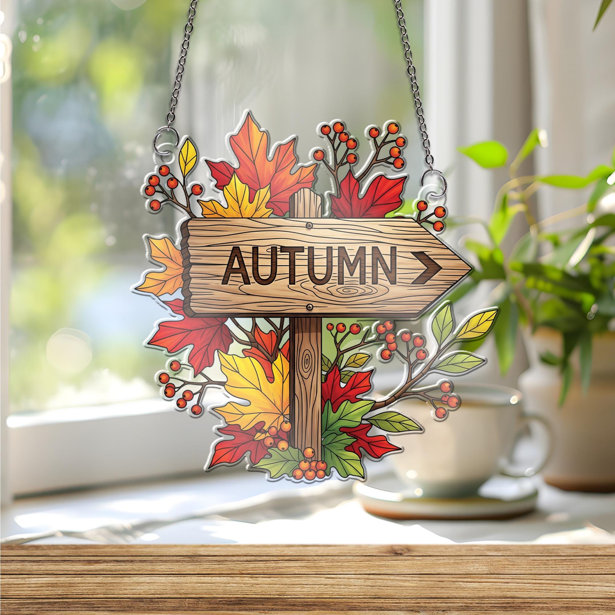 Autumn Arrow Sign Ornament, Rustic Fall Leaves Window Hanging, Farmhouse Thanksgiving Door Hanger, Seasonal Wall Decor