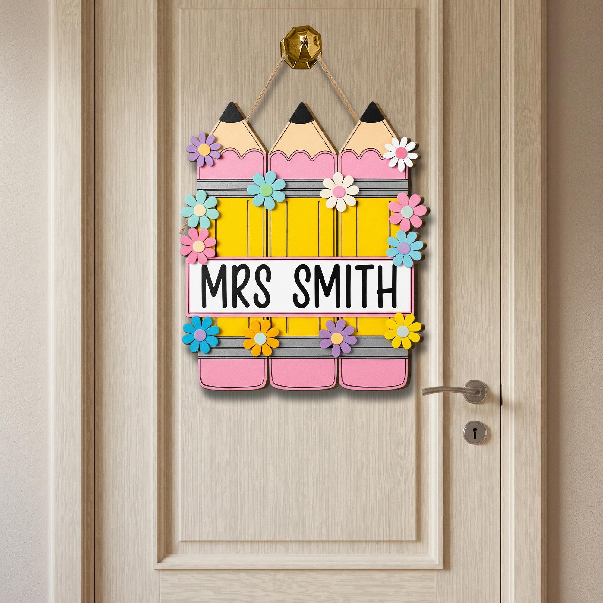 Personalized Teacher Door Sign – Custom Welcome Pencil, Flower Classroom Hanger with Name, Cute Back to School Decor for Educators, Teachers