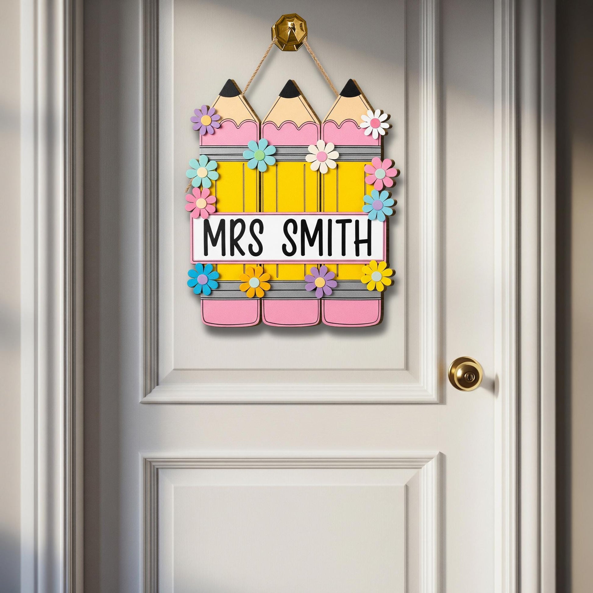 Personalized Teacher Door Sign – Custom Welcome Pencil, Flower Classroom Hanger with Name, Cute Back to School Decor for Educators, Teachers