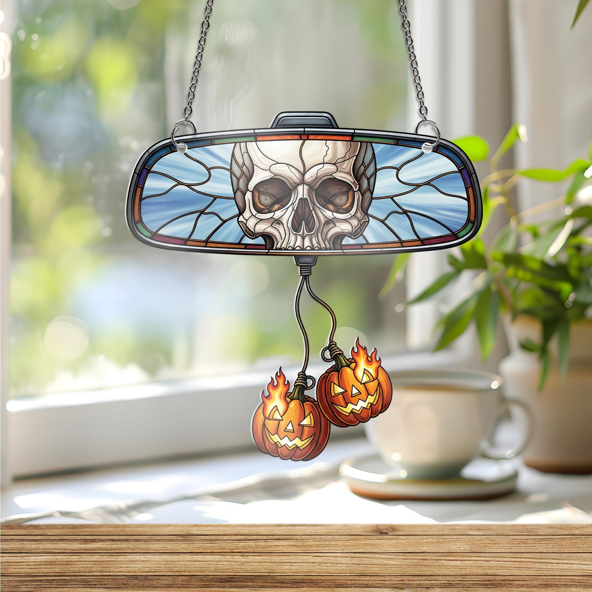 Skull Rearview Mirror Car Charm, Halloween Suncatcher with Flaming Pumpkins, Effect Car Accessory, Spooky Jack O' Lantern Decor