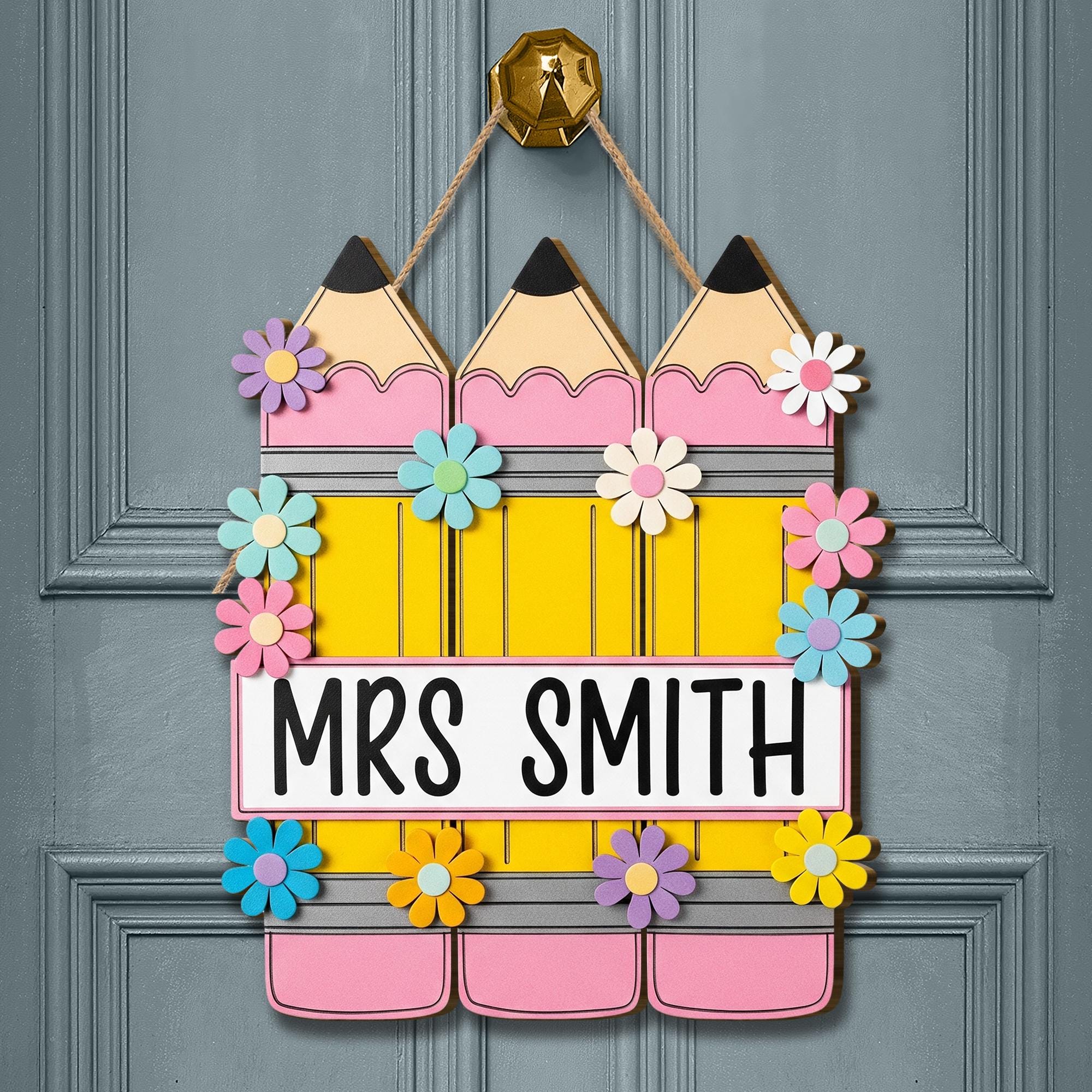 Personalized Teacher Door Sign – Custom Welcome Pencil, Flower Classroom Hanger with Name, Cute Back to School Decor for Educators, Teachers