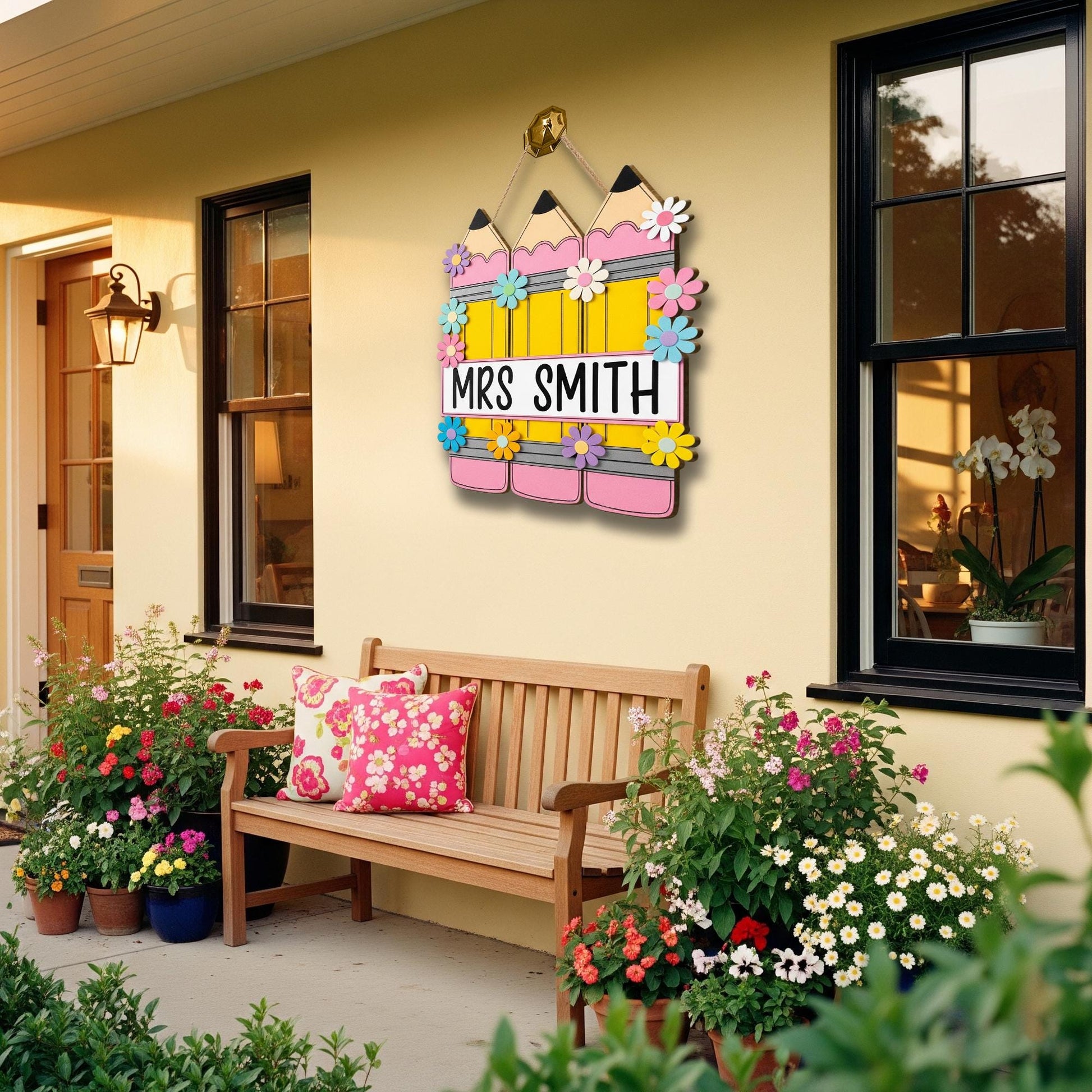 Personalized Teacher Door Sign – Custom Welcome Pencil, Flower Classroom Hanger with Name, Cute Back to School Decor for Educators, Teachers