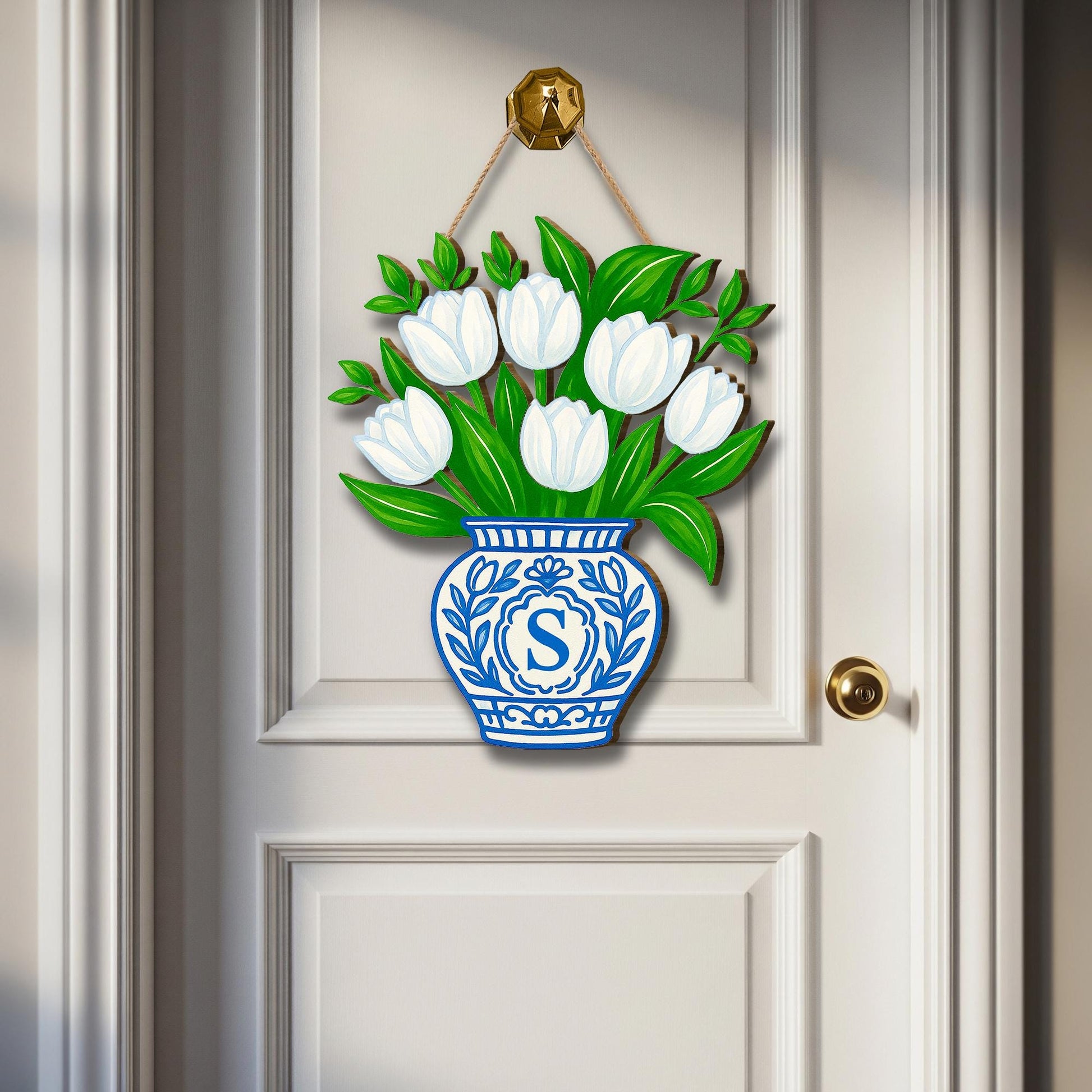 White Tulip Door Hanger | Monogram Chinoiserie Vase Spring Door Decor | Personalized Blue Vase Front Door Sign | Chinoiserie Entryway Accent