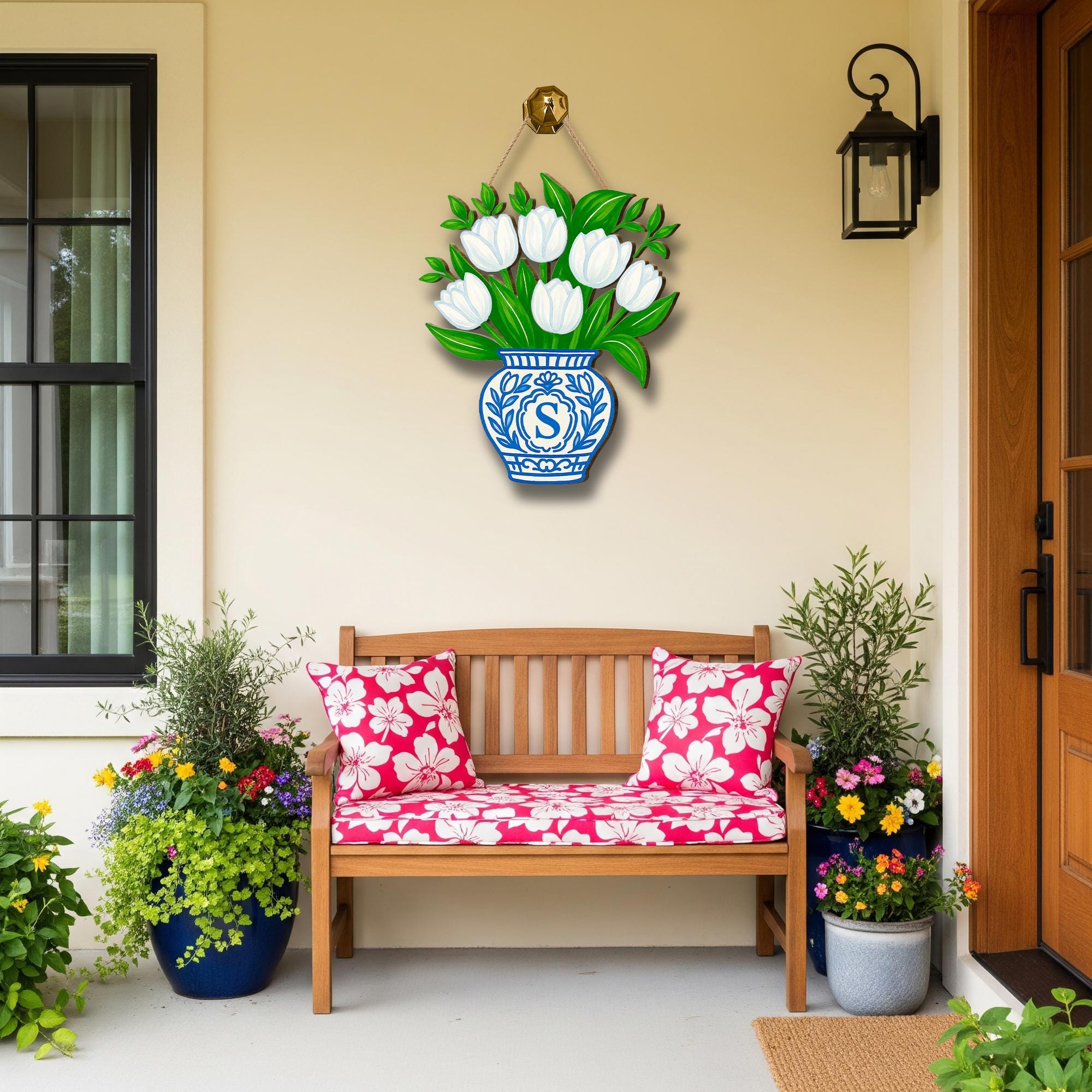 White Tulip Door Hanger | Monogram Chinoiserie Vase Spring Door Decor | Personalized Blue Vase Front Door Sign | Chinoiserie Entryway Accent