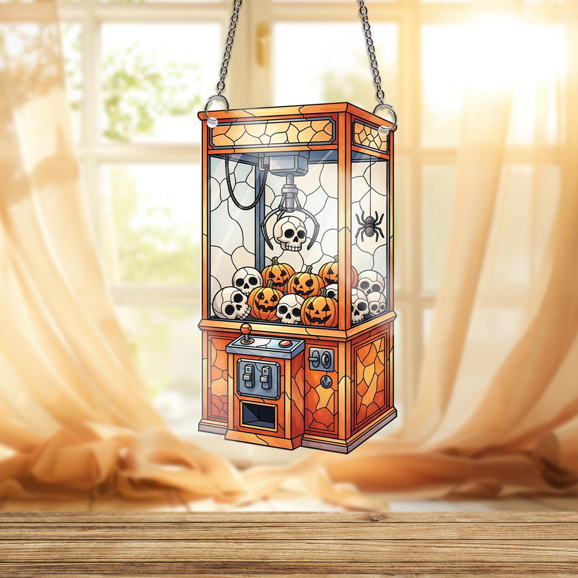 Halloween Claw Machine Ornament, Spooky Crane Game Ornament with Skulls, Stained Glass Effect Wall Art, Creepy Cute Game Room Decor