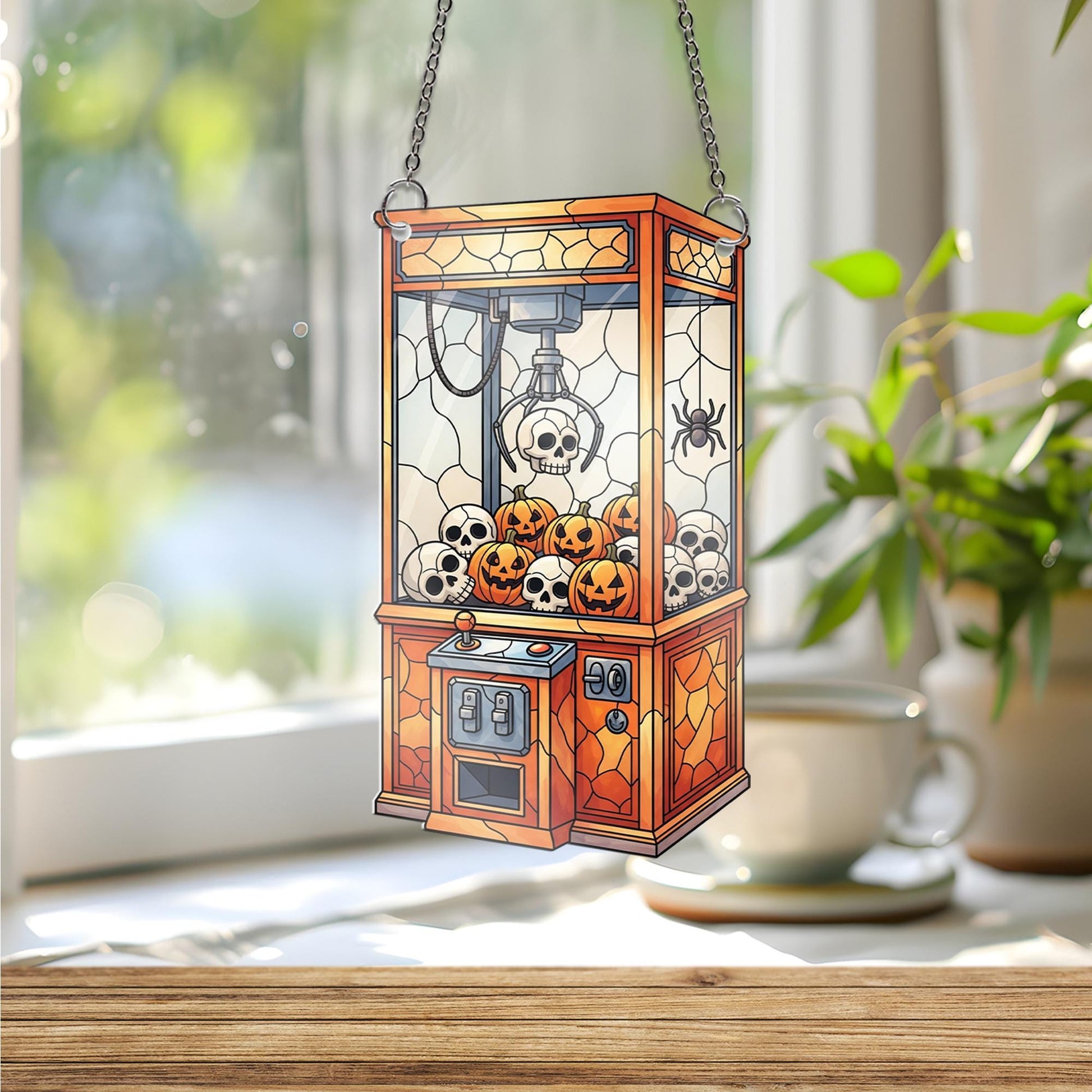 Halloween Claw Machine Ornament, Spooky Crane Game Ornament with Skulls, Stained Glass Effect Wall Art, Creepy Cute Game Room Decor