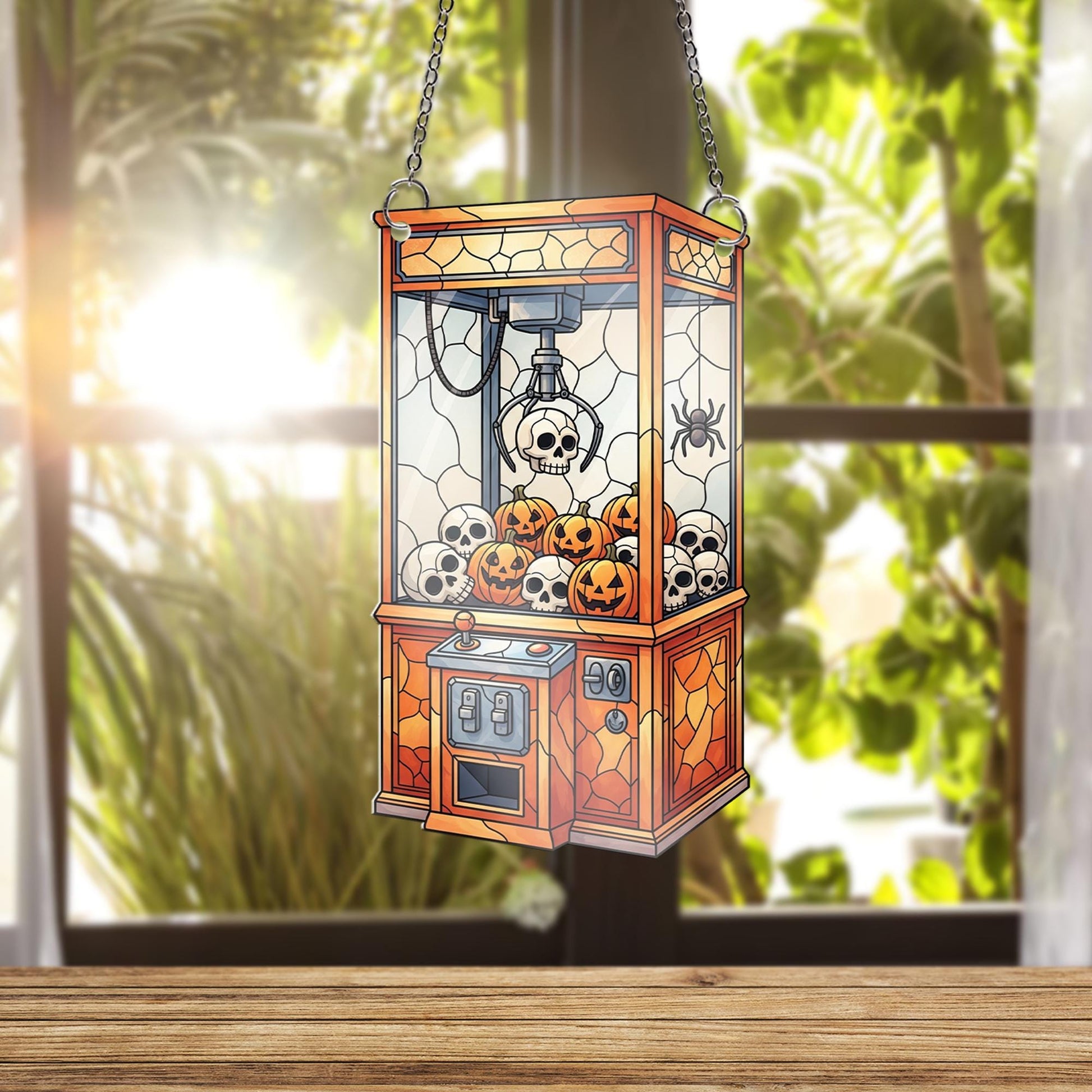 Halloween Claw Machine Ornament, Spooky Crane Game Ornament with Skulls, Stained Glass Effect Wall Art, Creepy Cute Game Room Decor