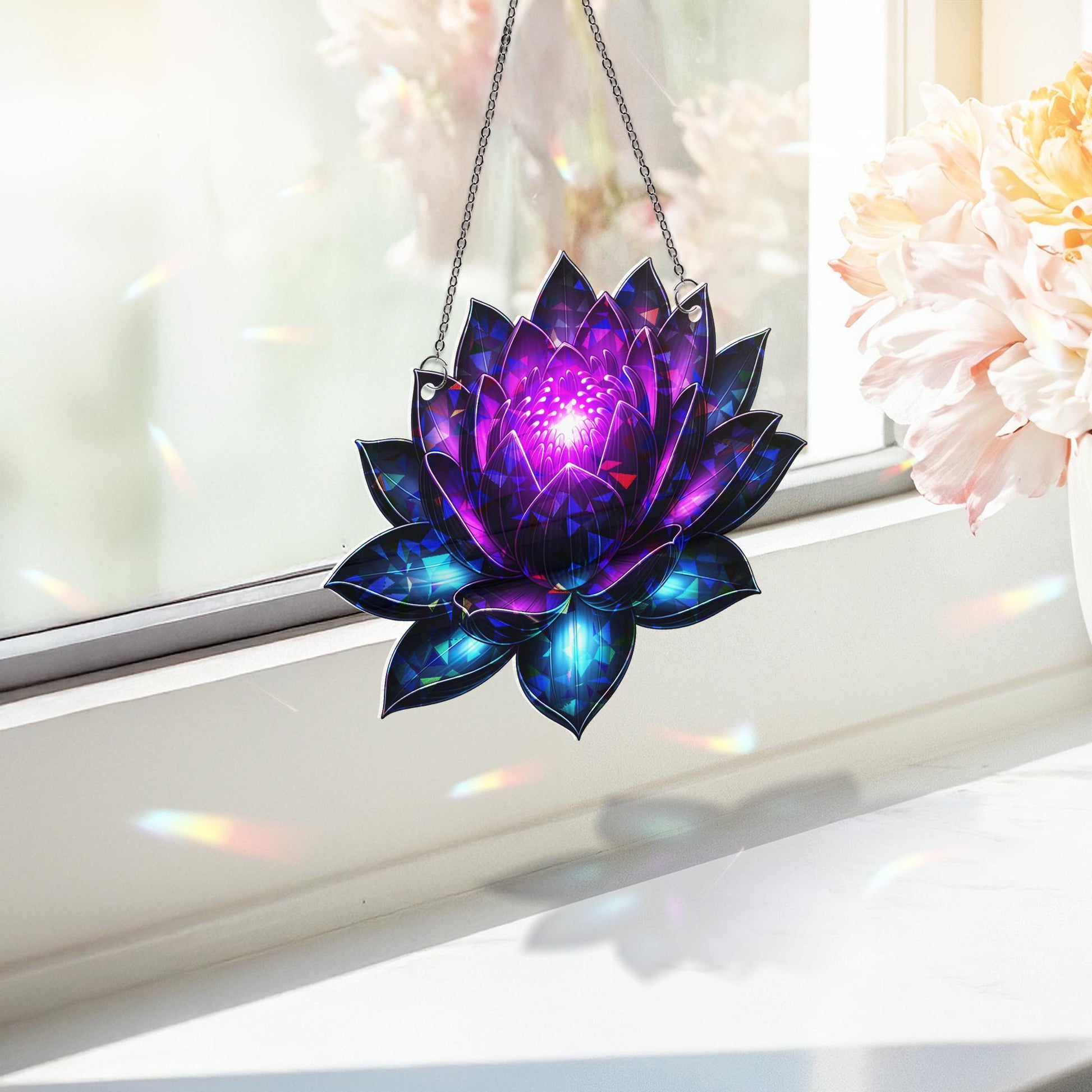 Black Lotus Holographic Window Hanging – Iridescent Lotus Suncatcher, Boho Mystic Decor, Spiritual Gift for Home or Meditation Space