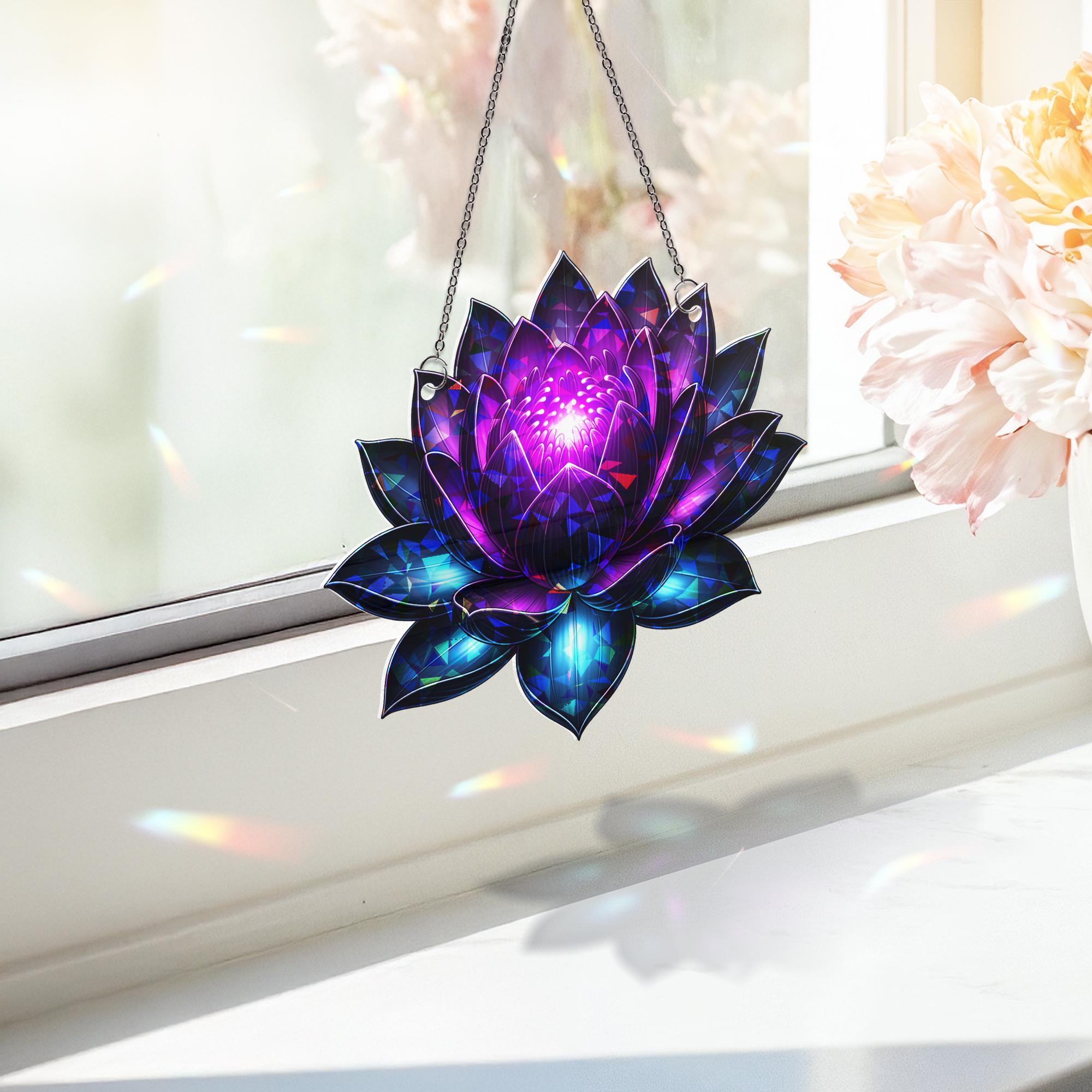 Black Lotus Holographic Window Hanging – Iridescent Lotus Suncatcher, Boho Mystic Decor, Spiritual Gift for Home or Meditation Space