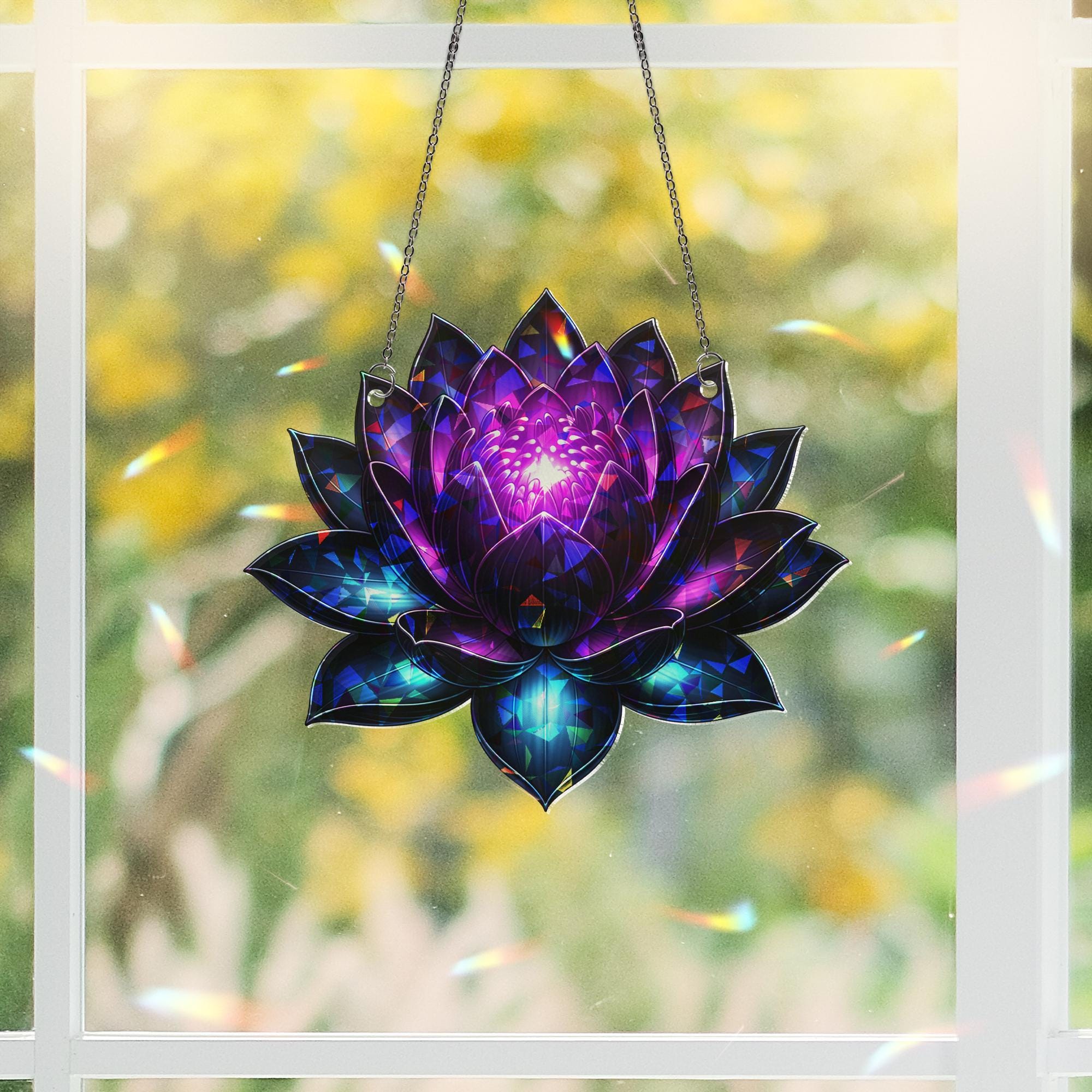Black Lotus Holographic Window Hanging – Iridescent Lotus Suncatcher, Boho Mystic Decor, Spiritual Gift for Home or Meditation Space