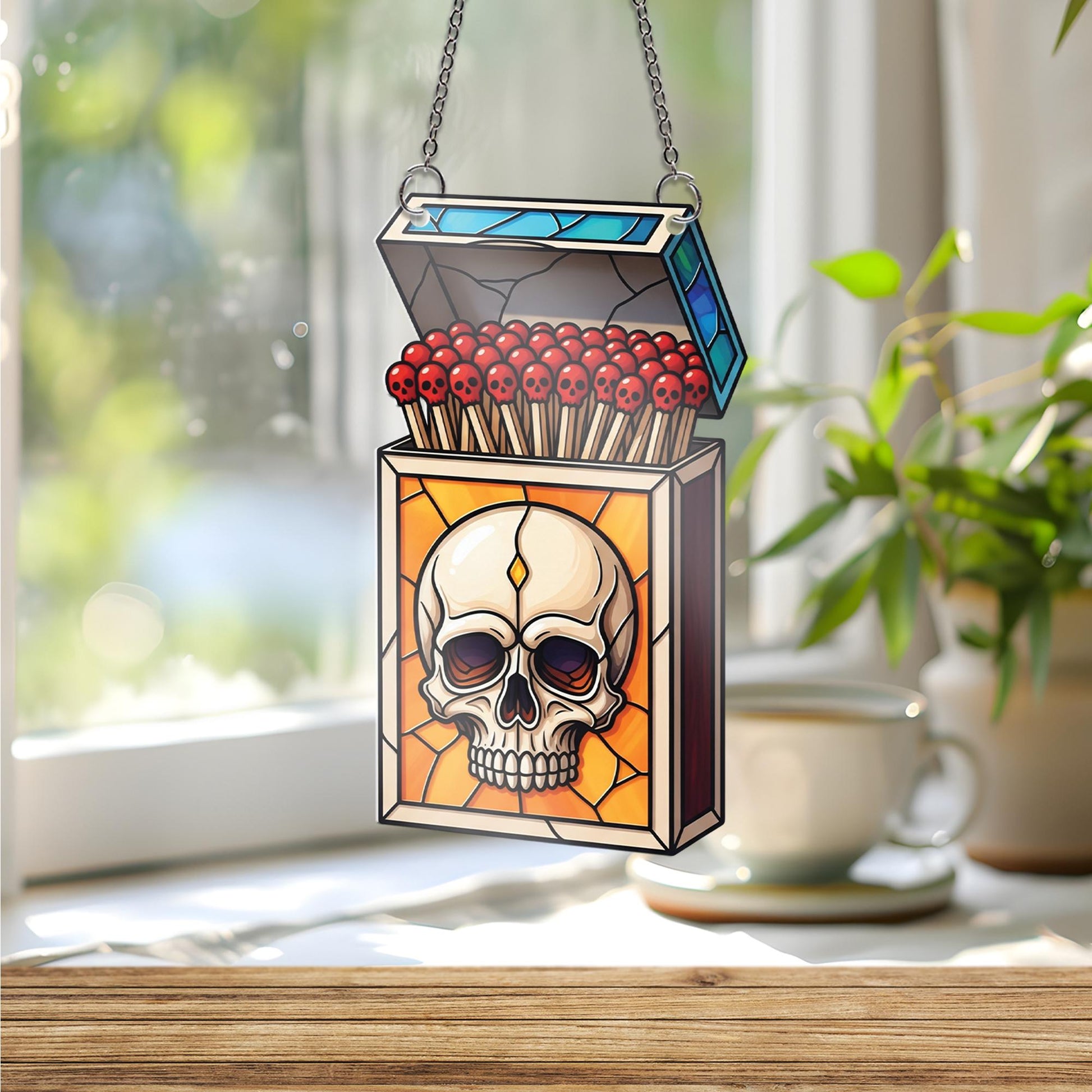 Skull Matchbox Ornament , Stained Glass Effect Gothic Art, Macabre Skull Match Ornament, Dark Academia Halloween Wall Decor