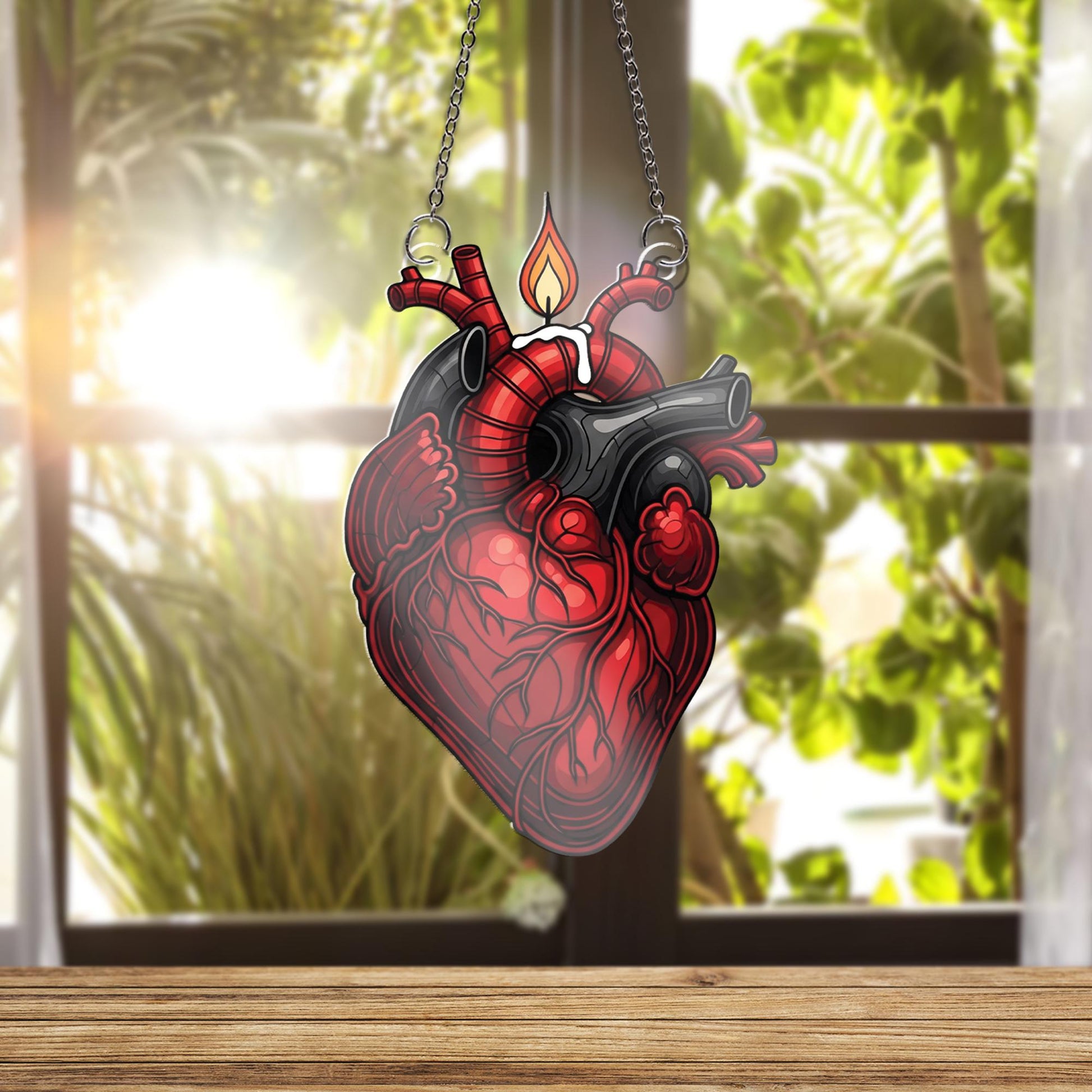 Anatomical Heart Candle Window Hanging – Gothic Suncatcher, Unique Medical Decor, Romantic Macabre Gift for Science and Art Lovers