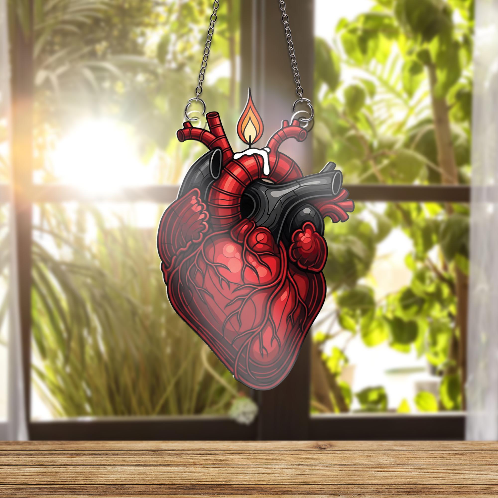 Anatomical Heart Candle Window Hanging – Gothic Suncatcher, Unique Medical Decor, Romantic Macabre Gift for Science and Art Lovers