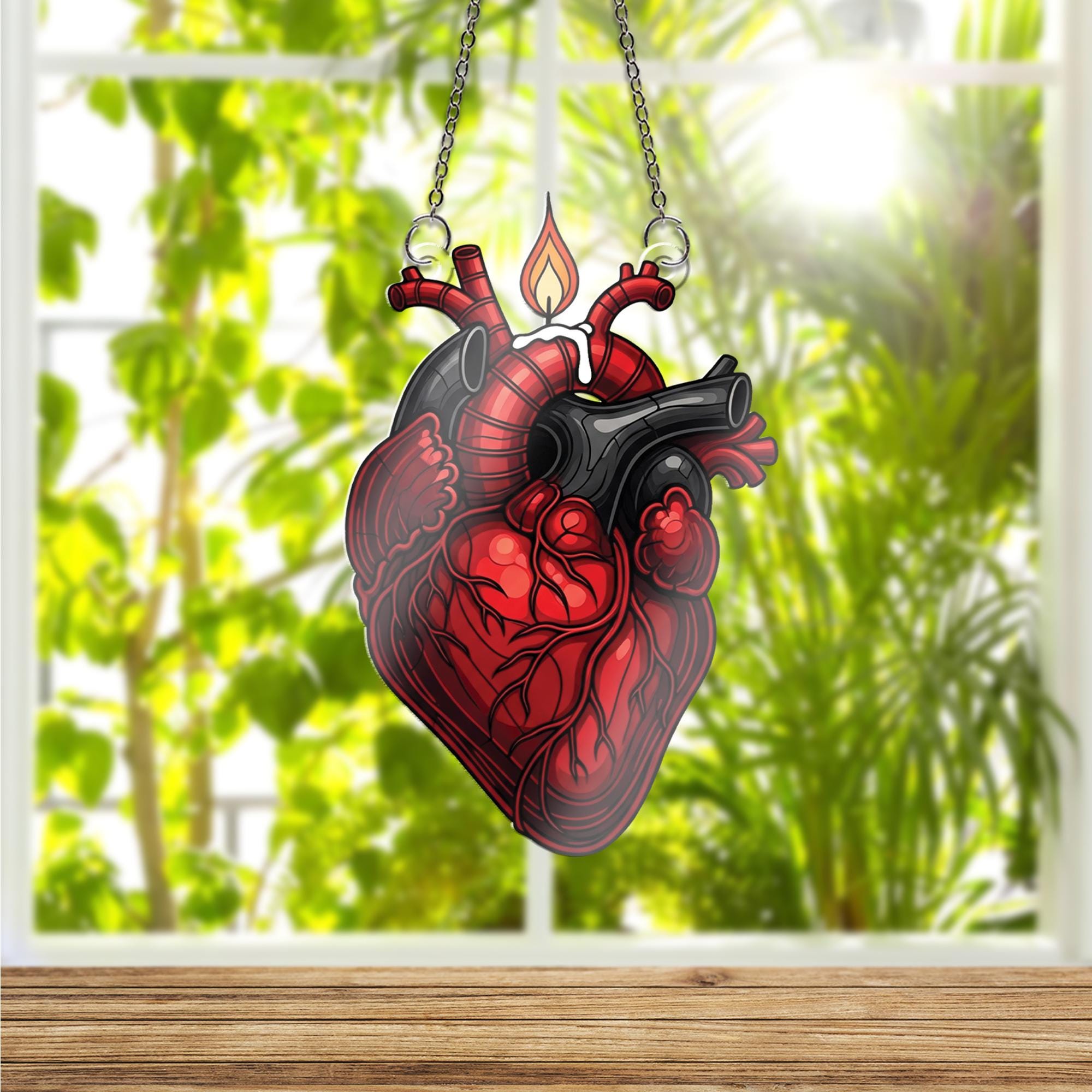 Anatomical Heart Candle Window Hanging – Gothic Suncatcher, Unique Medical Decor, Romantic Macabre Gift for Science and Art Lovers