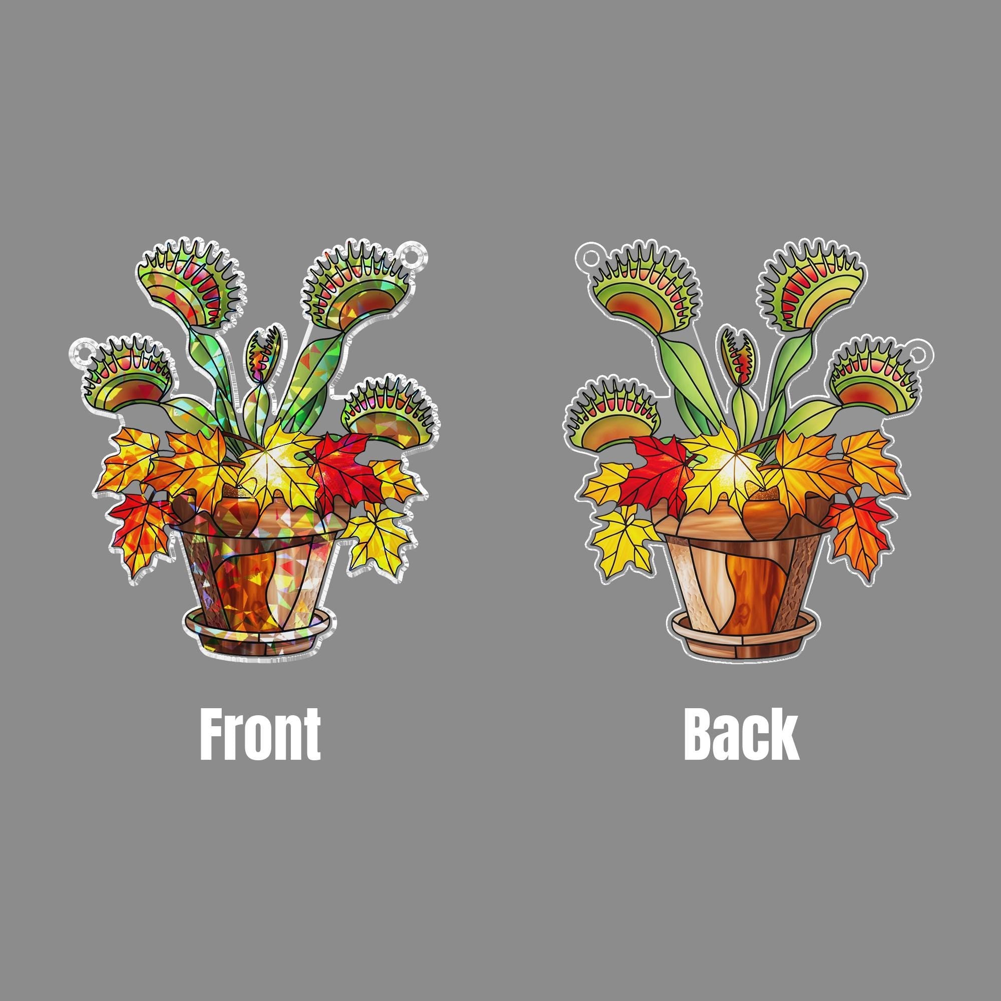 Venus Flytrap Autumn Hologram Window Hanging – Colorful Fall Plant Suncatcher, Unique Carnivorous Decor, Creepy Cute Halloween Gift