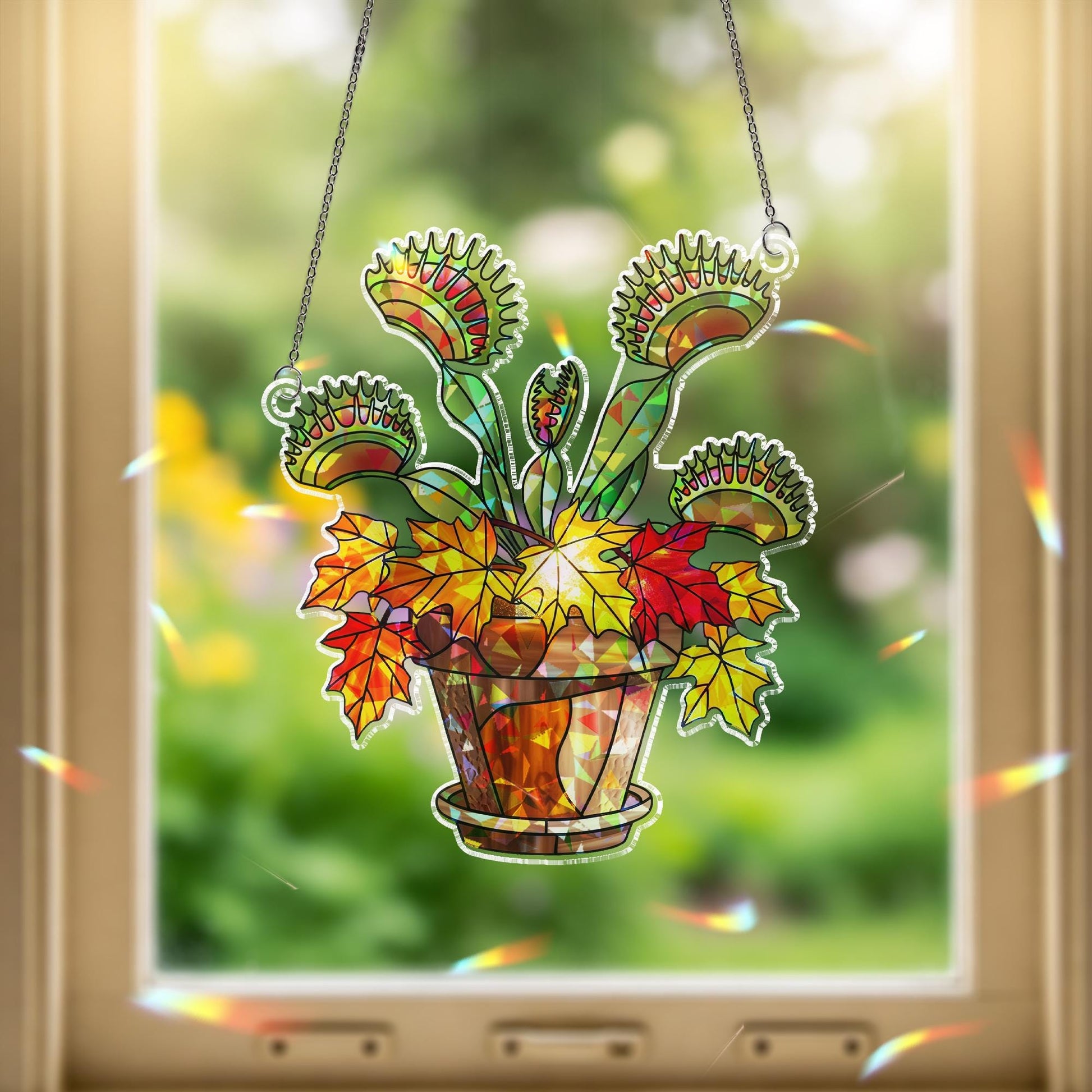 Venus Flytrap Autumn Hologram Window Hanging – Colorful Fall Plant Suncatcher, Unique Carnivorous Decor, Creepy Cute Halloween Gift