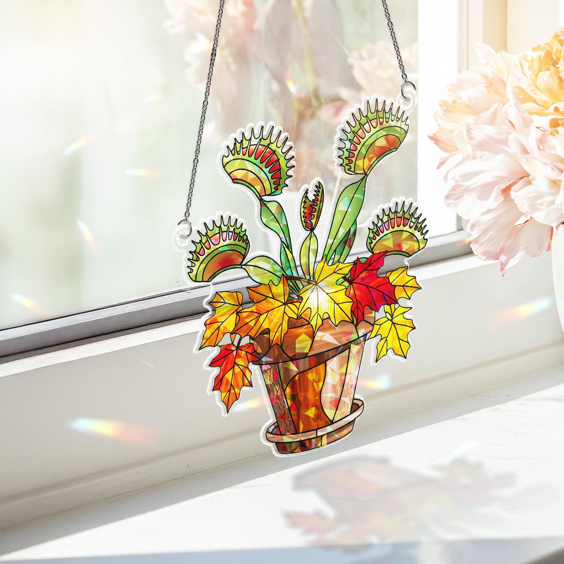 Venus Flytrap Autumn Hologram Window Hanging – Colorful Fall Plant Suncatcher, Unique Carnivorous Decor, Creepy Cute Halloween Gift