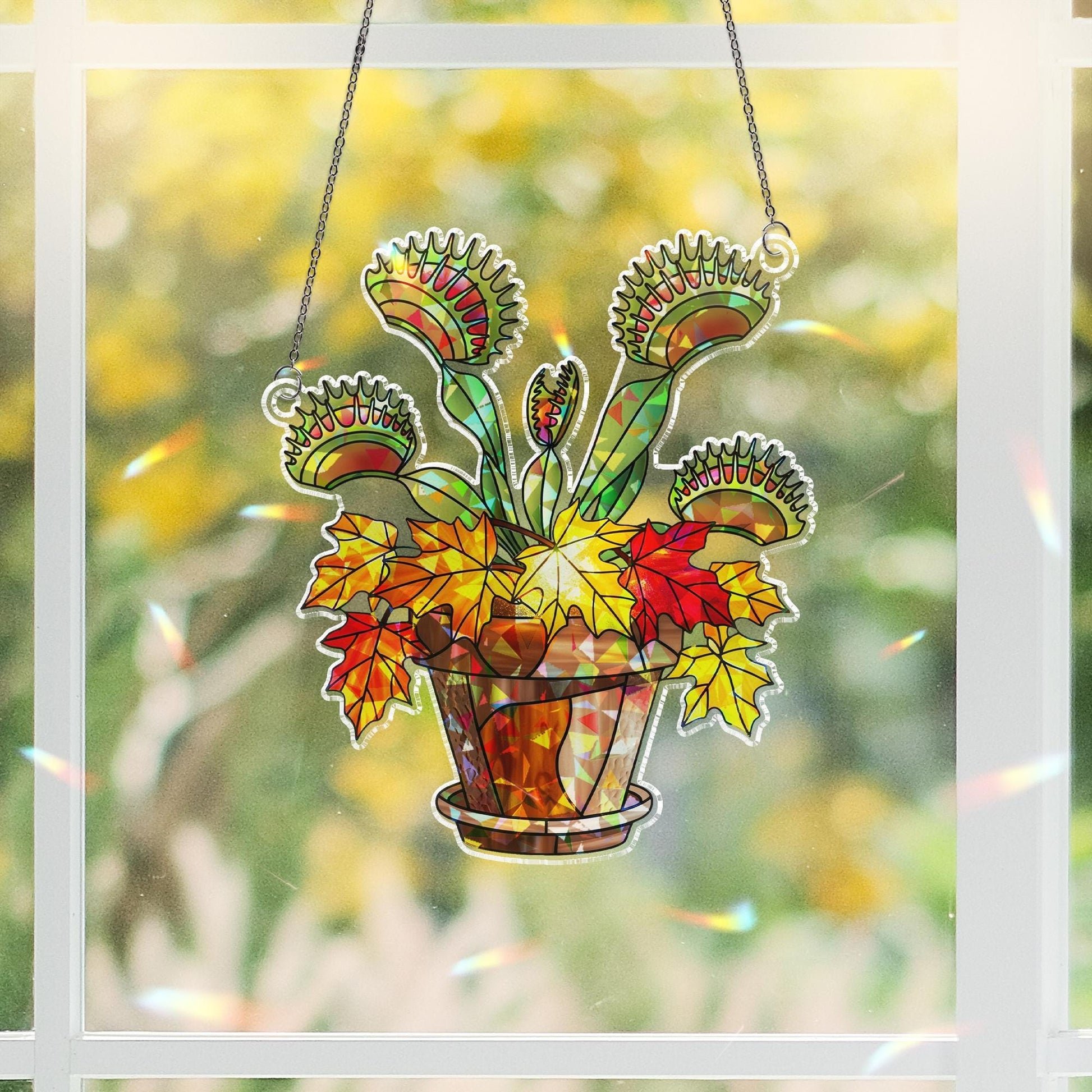 Venus Flytrap Autumn Hologram Window Hanging – Colorful Fall Plant Suncatcher, Unique Carnivorous Decor, Creepy Cute Halloween Gift